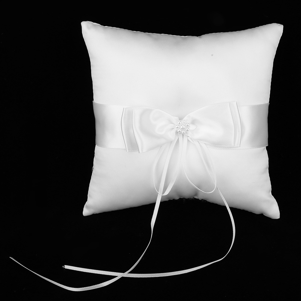 For White Satin Bowknot Ring Bearer Pillow Holder Wedding Ring Pillow With