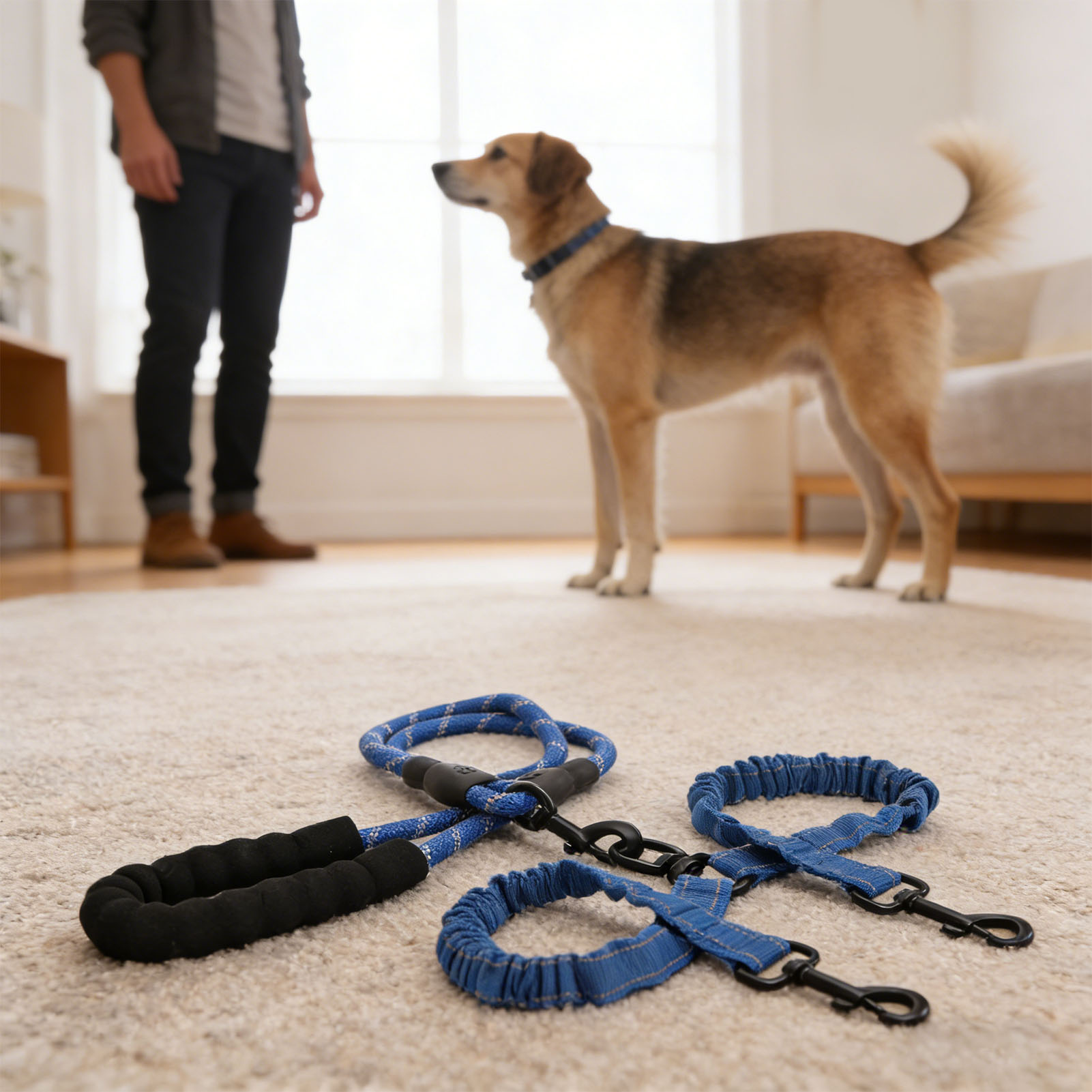 Reflective Stitching Dual Dog Leash Soft Non Slip Grip Pet Leash for Night Walks