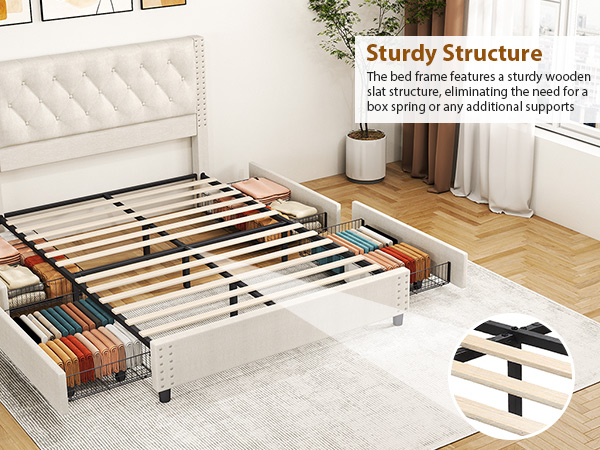 Bed Frame With Headboard 4Drawers Soft Sponge Padded Rivet Decor Luxury Headboad
