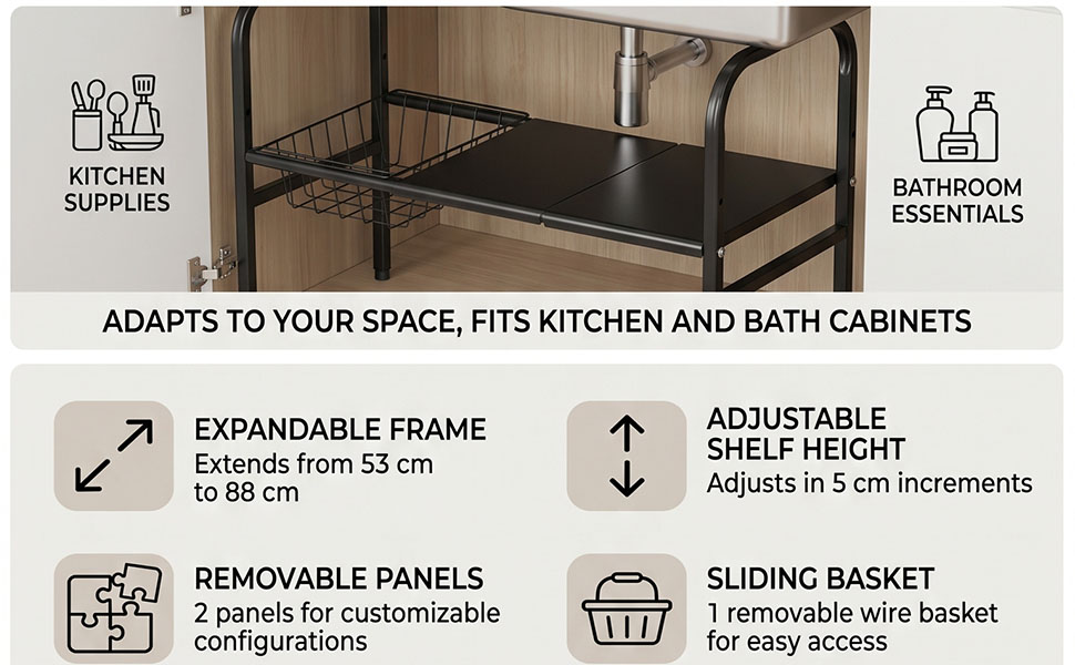 ↑Expandable Under Sink Organizer 1 Tier Shelf With 1 Removable Basket 2