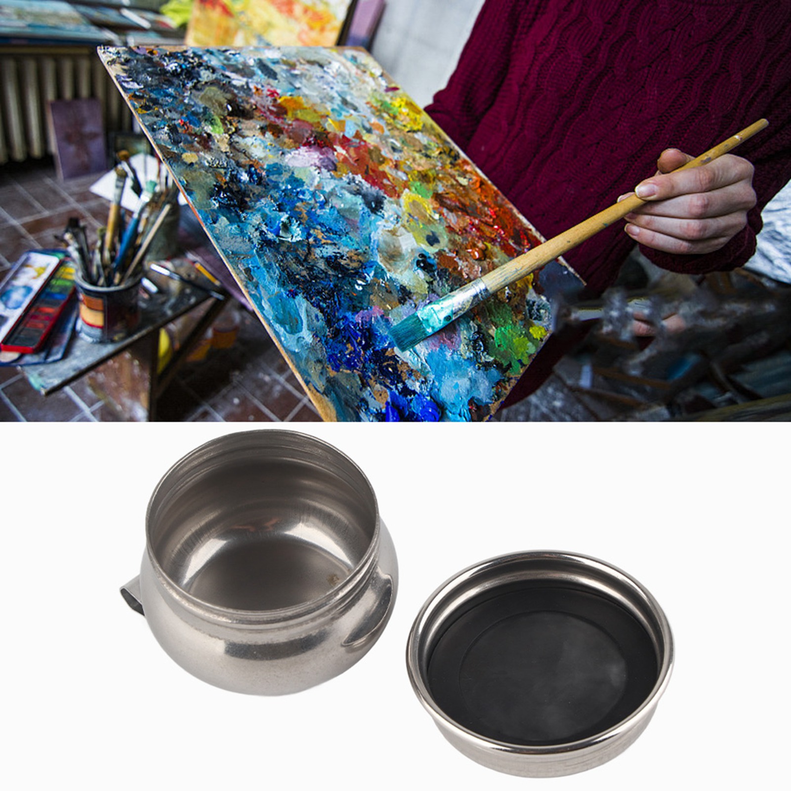 Stainless Steel Oil Painting Cup Double/Single Dipper Palette Container Cu KRI✈️