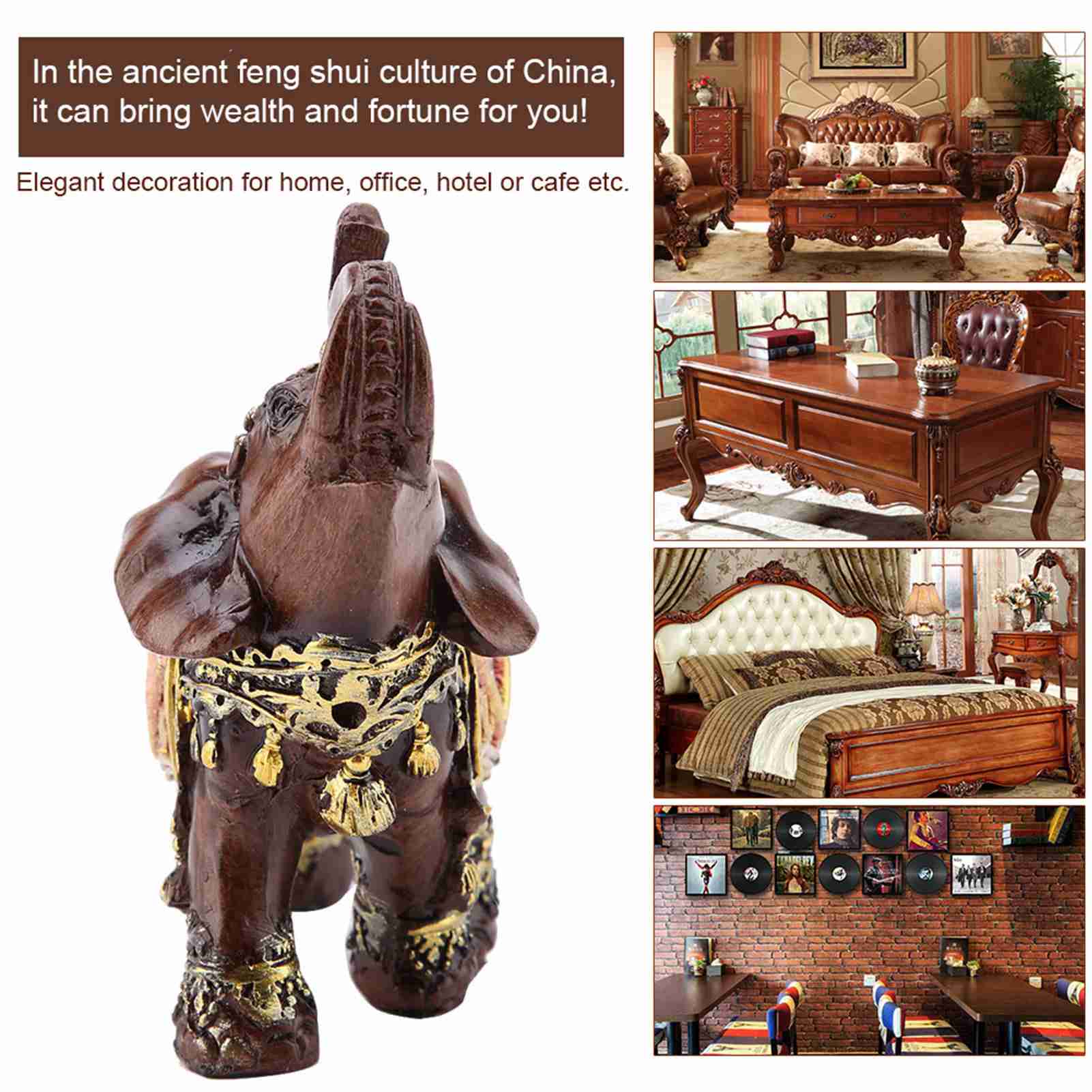 °Lucky Feng Shui Wood Grain Elephant Statue Sculpture Wealth Figurine Gift Home