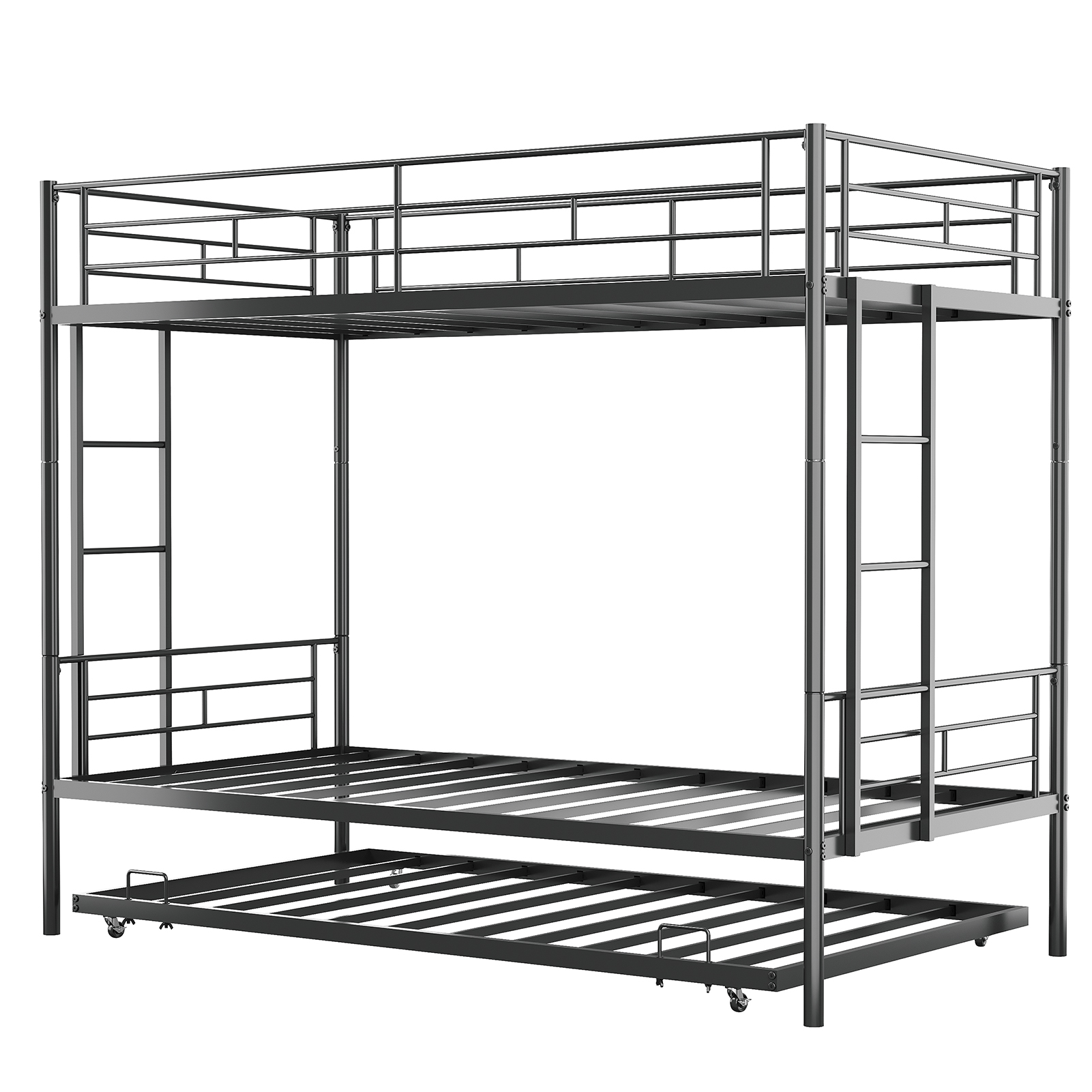 Bunk Bed with Trundle Metal Frame Twin Over Twin 3 Beds Design Safety Guardrail