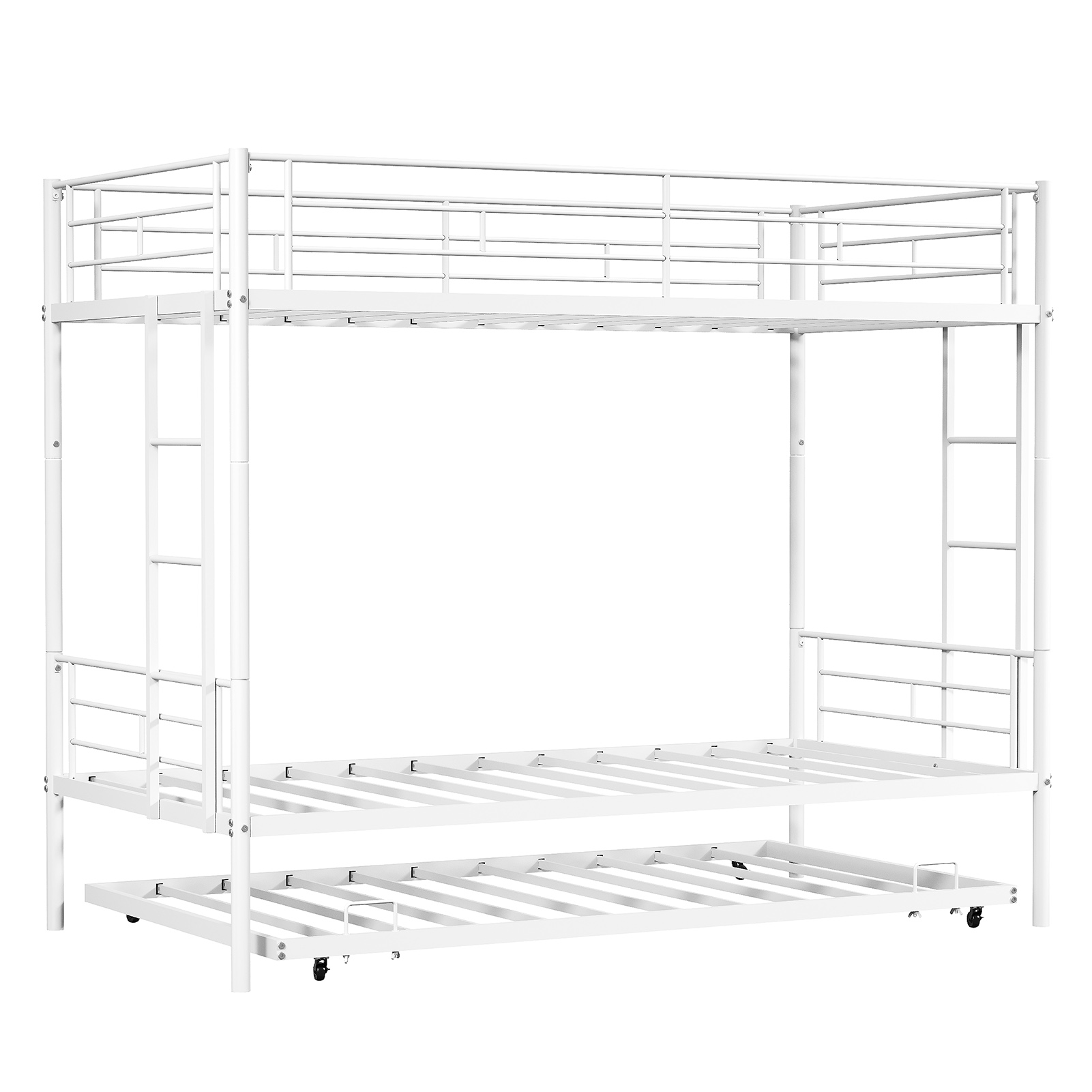 Bunk Bed with Trundle Heavy Duty Iron Bed Frame Noise-Free Slats Lockable Wheels