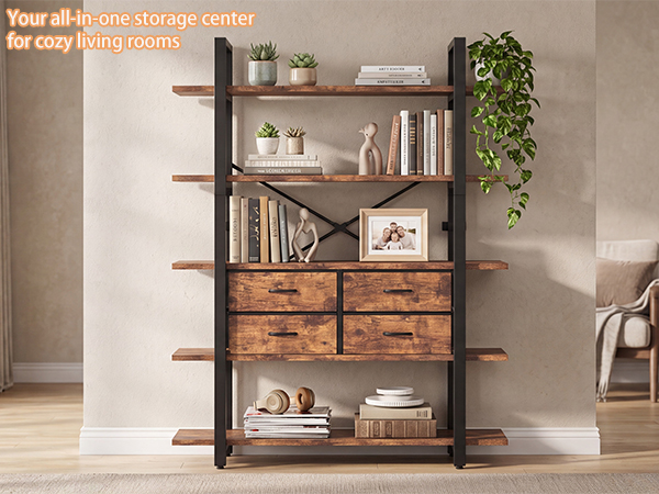 5 Tier Tall Bookshelf Metal Wooden Industrial Modern Open Display Book Shelf