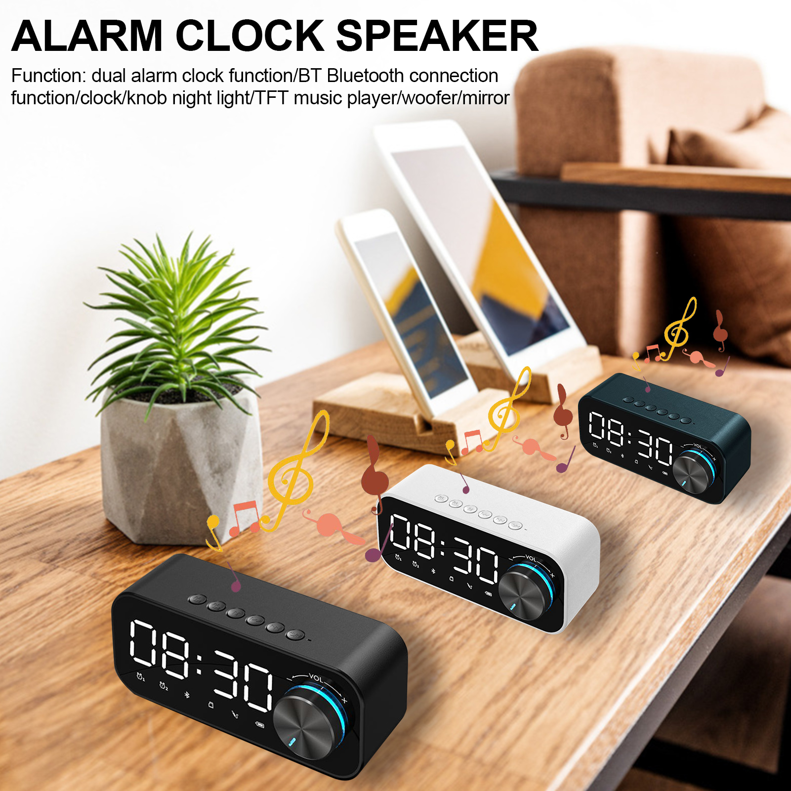 Réveil avec haut-parleur bluetooth, haut-parleur bluetooth en bois