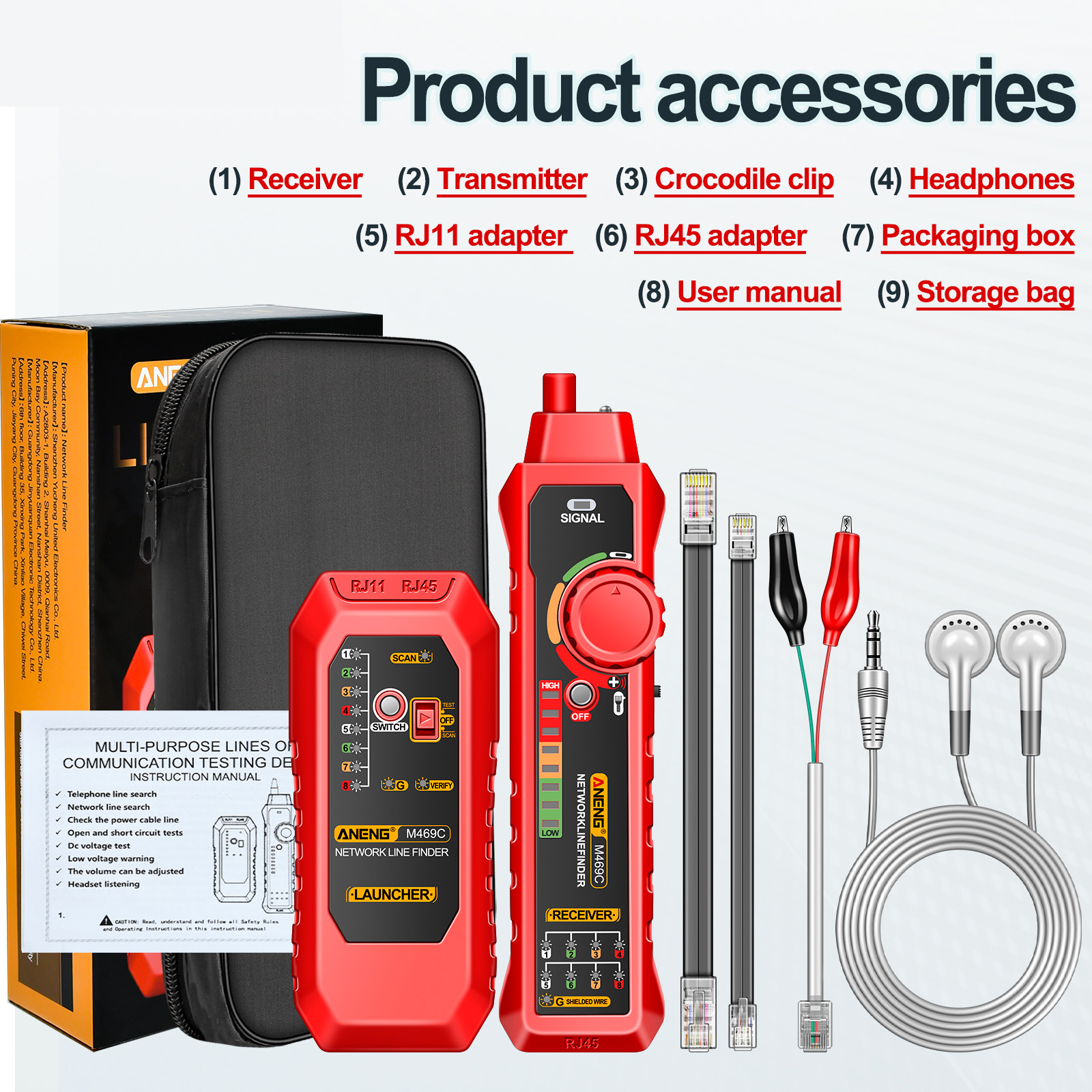 ANENG M469C Network Cable Finder RJ45 RJ11 LAN Cable Tester Networking Tool Wir - Afbeelding 1 van 12