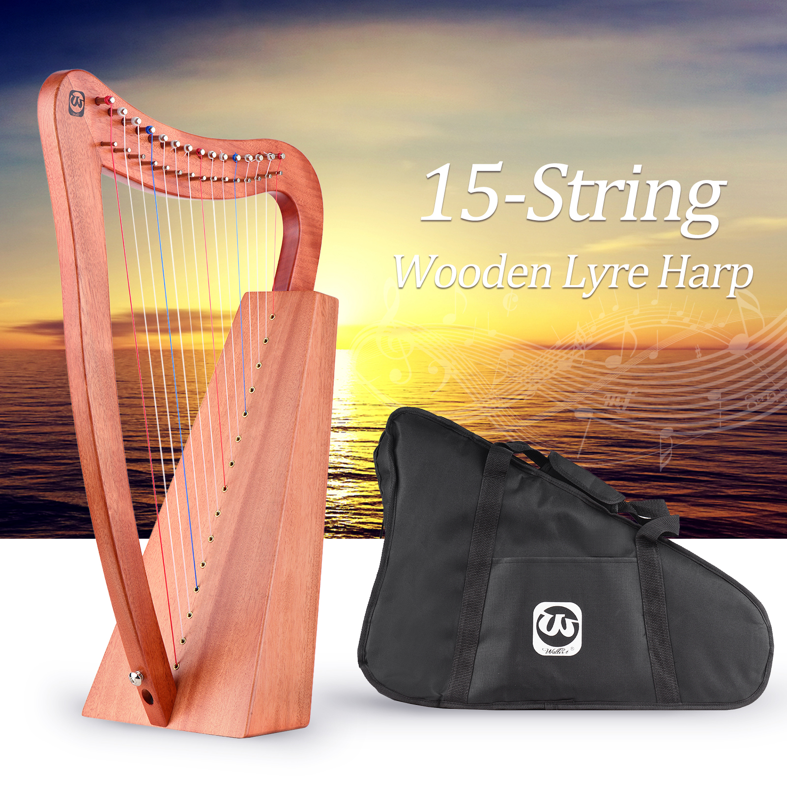 Walter.t 15-String Lyre Harp Wooden String Instrument With Carry