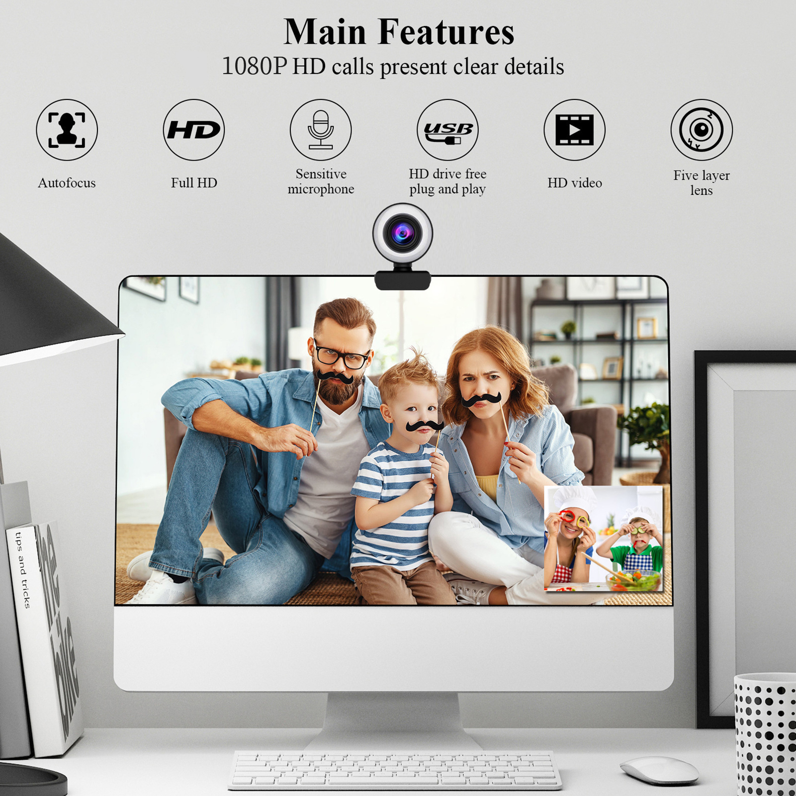 1080P Full HD Webcam AF Web Camera Built In Adjustable Ring Light Auto DY9 - Afbeelding 2 van 9