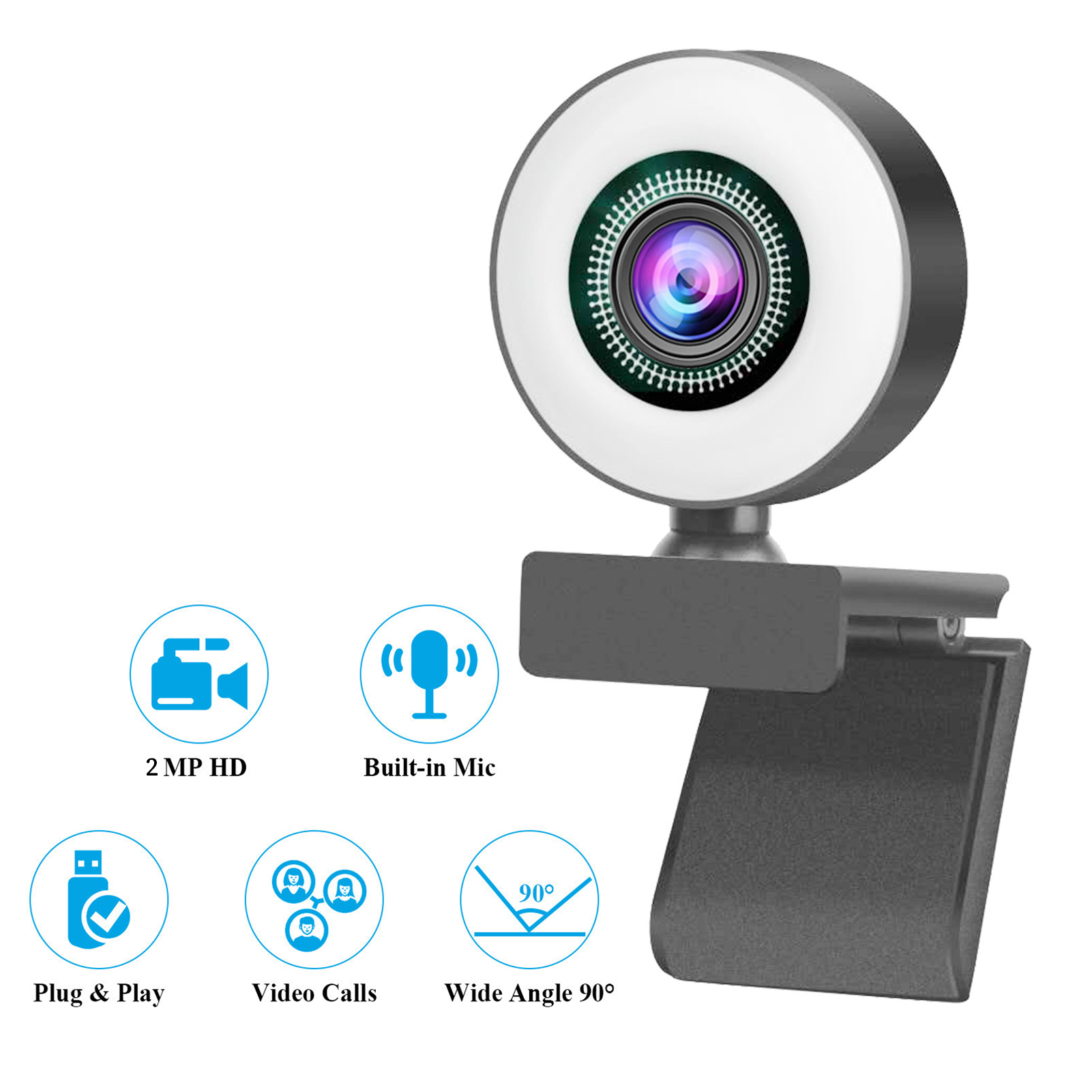 1080P Full HD Webcam AF Web Camera Built In Adjustable Ring Light Auto DY9 - Afbeelding 5 van 9