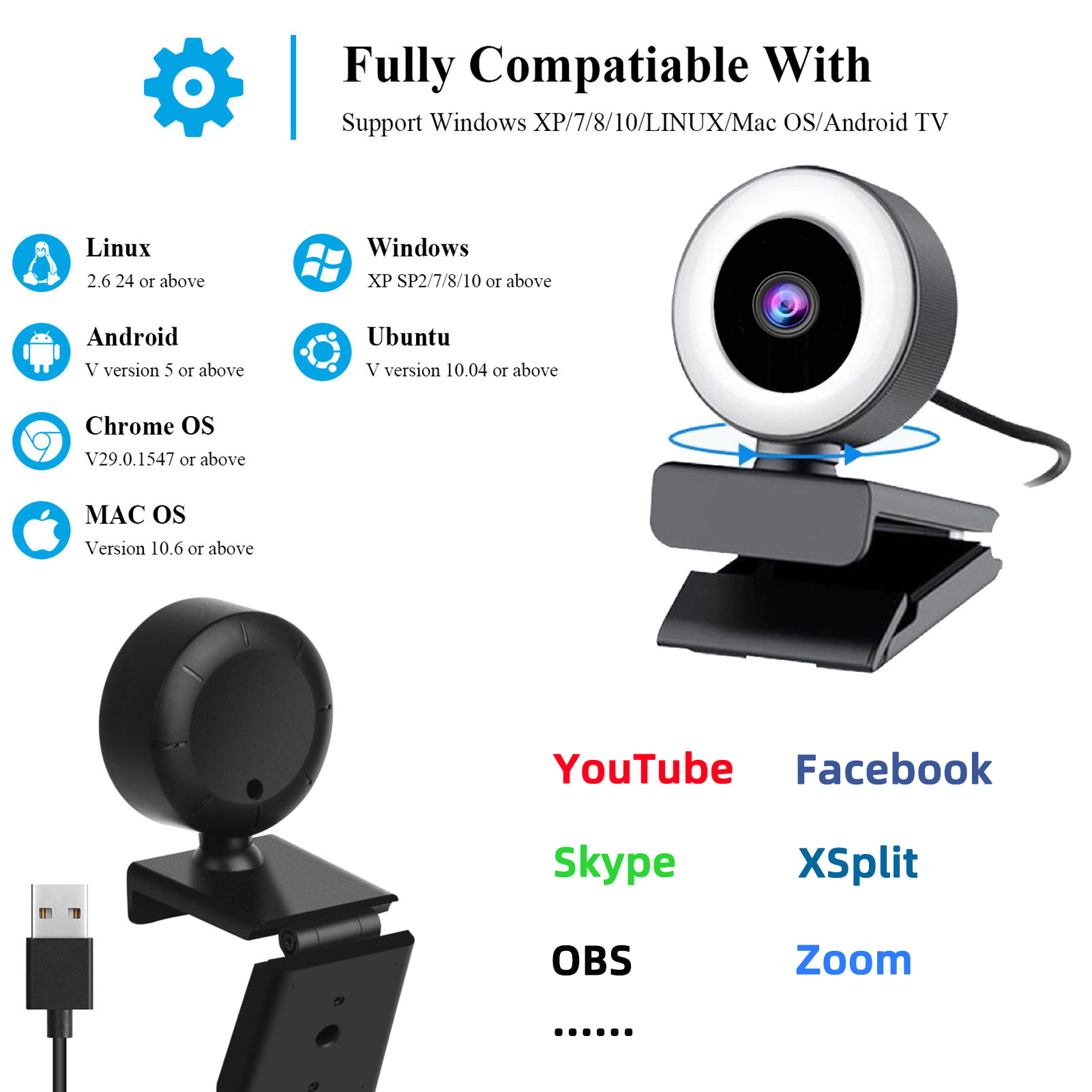 1080P Full HD Webcam AF Web Camera Built In Adjustable Ring Light Auto DY9 - Afbeelding 9 van 9