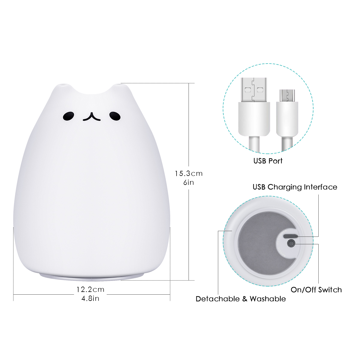 Children Night Light EECOO Cute Cat Lamp Soft Silicone Sensitive Tap Control - Picture 3 of 7
