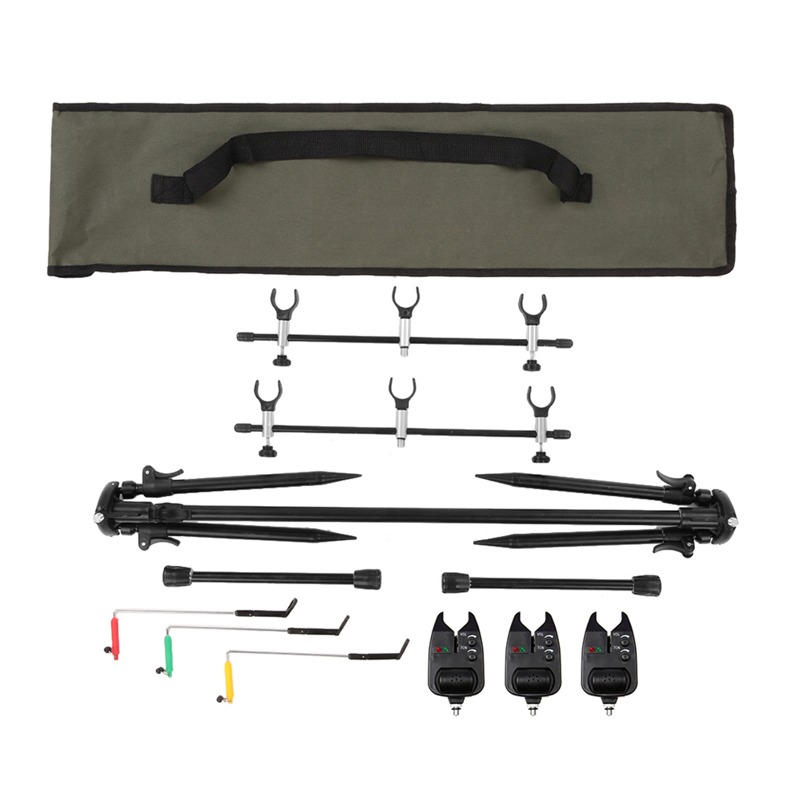 Foldable Fishing Rod Pod Lightweight Aluminum with 3 Bite Alarms Complete  Kit | eBay