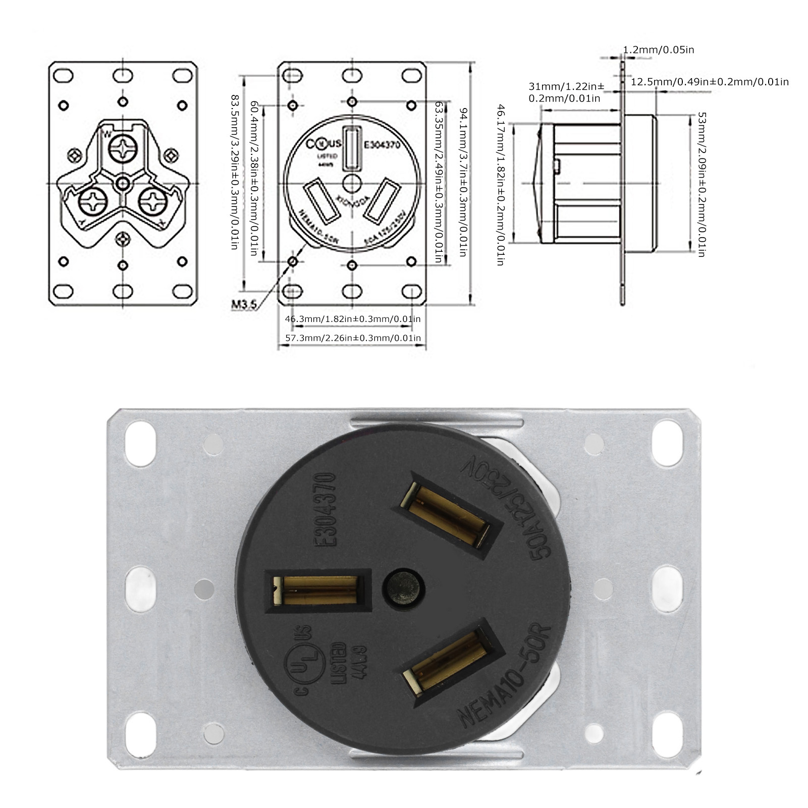 50A 125V 250V NEMA 10-50R Receptacle Outlet With Brass Contacts PA66 Plastic - Picture 14 of 22