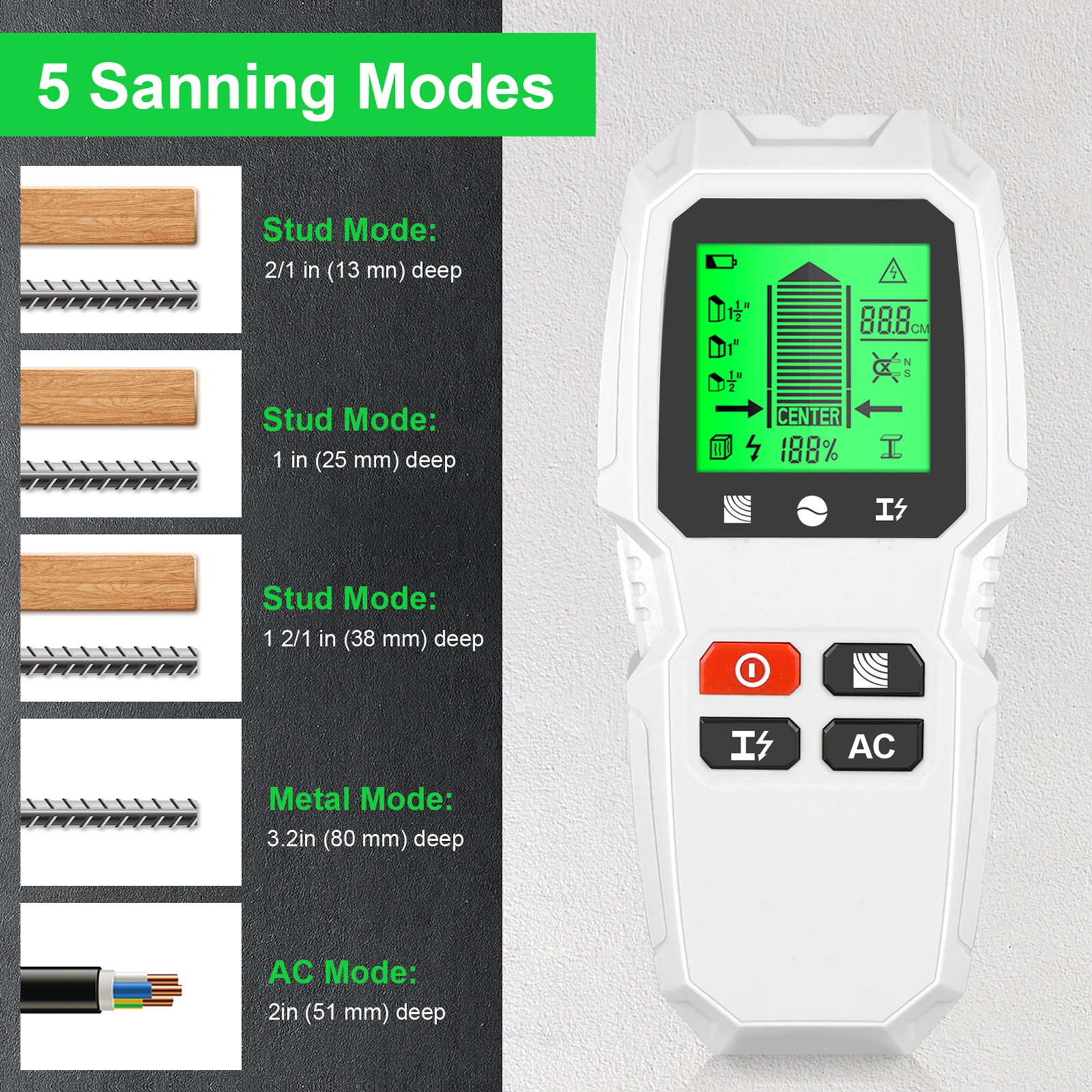 5 in 1 Handheld Wall Stud Scanner Finder for Center and Edges of Wood Beam Metal - Picture 18 of 21