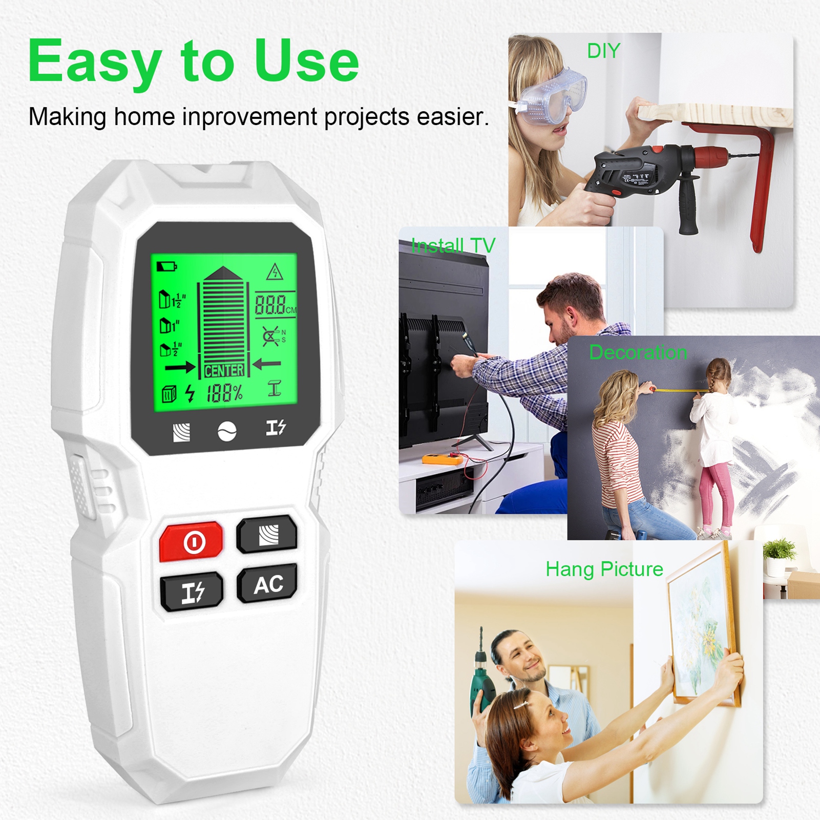 5 in 1 Handheld Wall Stud Scanner Finder for Center and Edges of Wood Beam Metal - Picture 16 of 21