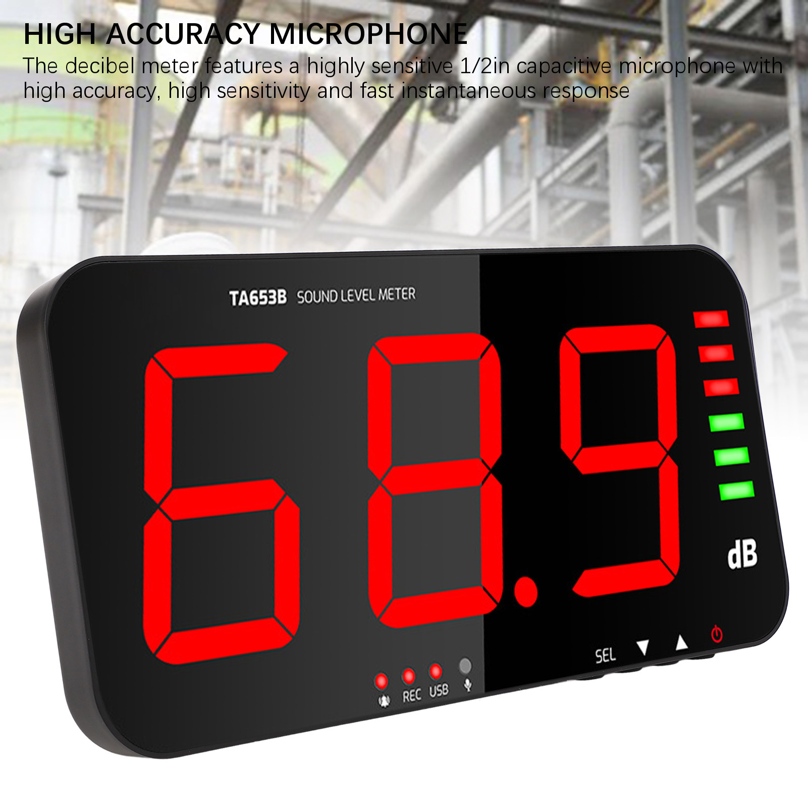Decibel Meter With Large 11 Inch LED Display – 4-in-1 Wall Mountable Noise Meter, Temperature, Humidity & Time – 30-130dB, ±1.5dB Accuracy, 50Hz-8.5kHz, USB Rechargeable – For Home, Studio, Factory, Classroom