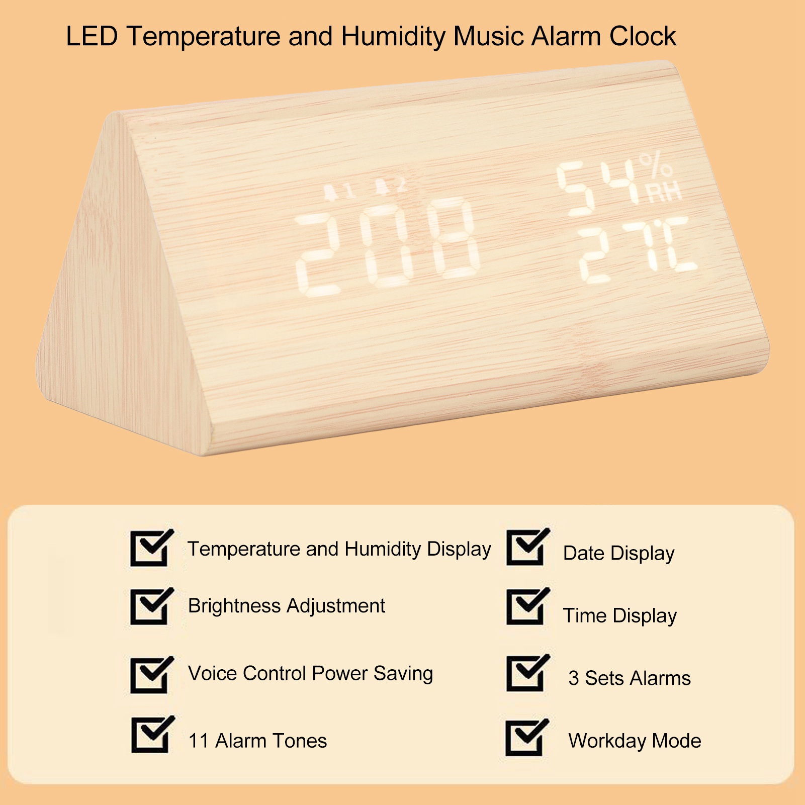 Digital Alarm Clock Wooden With Voice Control Humidity Temperature Display IDS - Picture 18 of 21