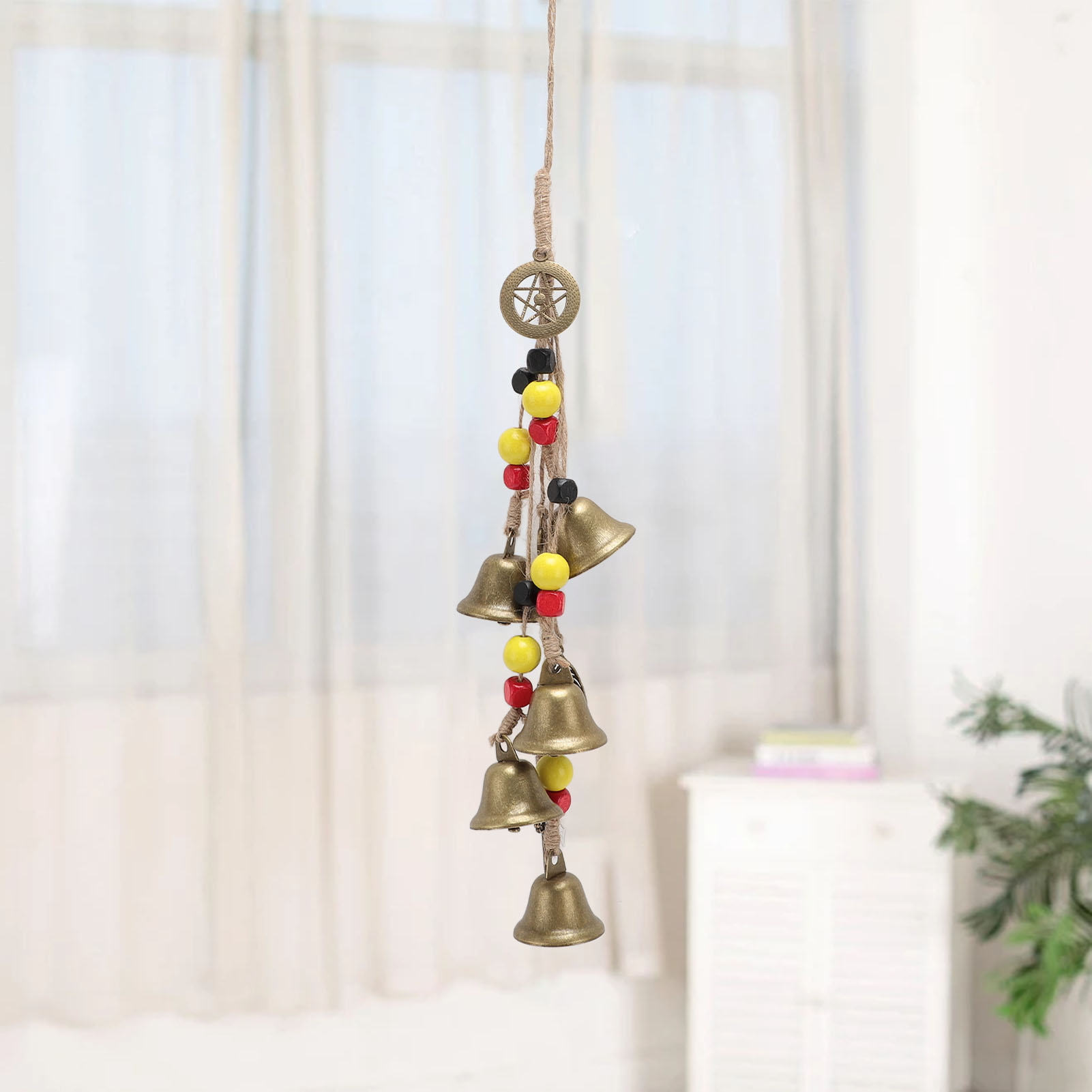 Hanging Bell Decor Blessing Metal Bells Wood Beads Hemp Rope Pendant Decoration