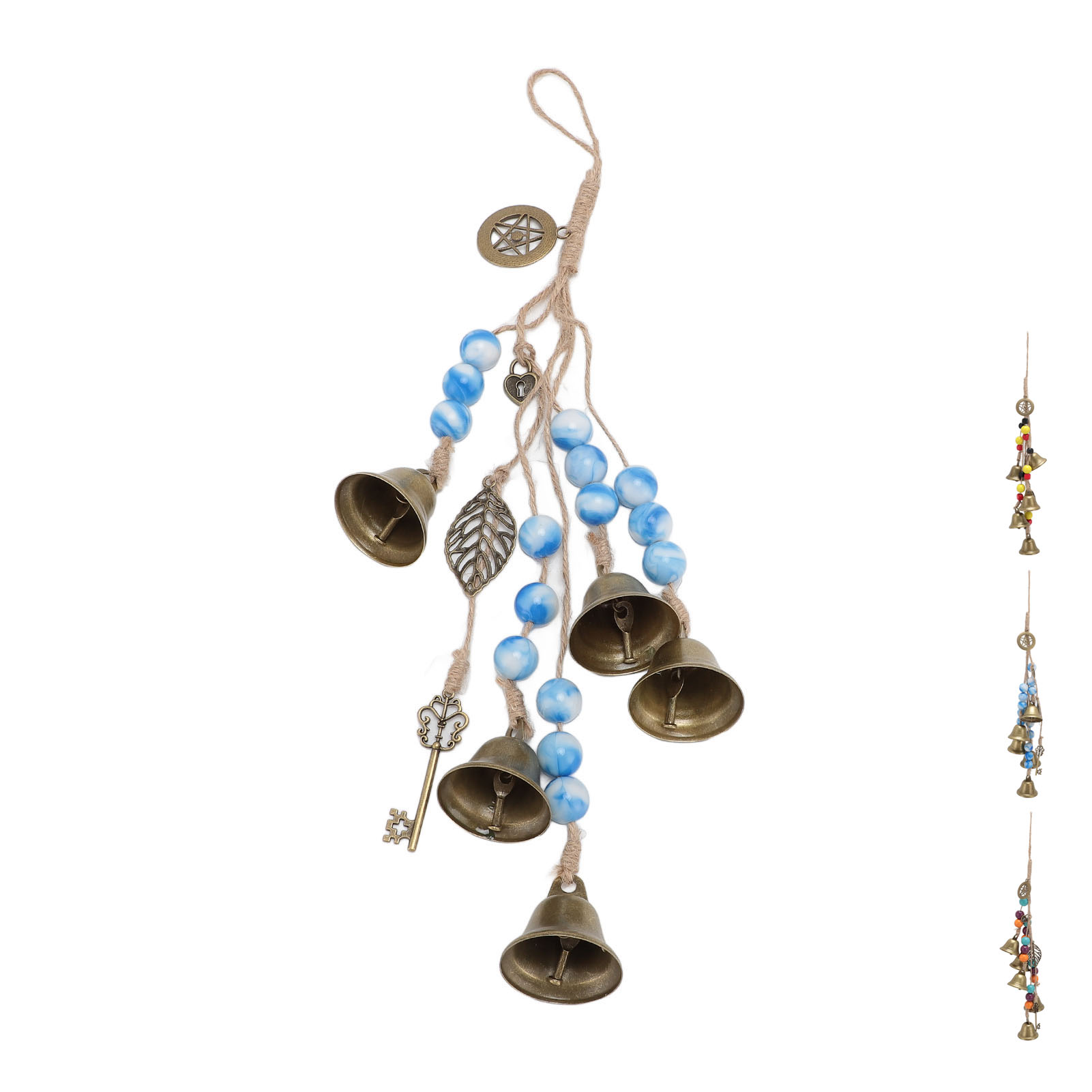 Hanging Bell Decor Blessing Metal Bells Wood Beads Hemp Rope Pendant Decoration