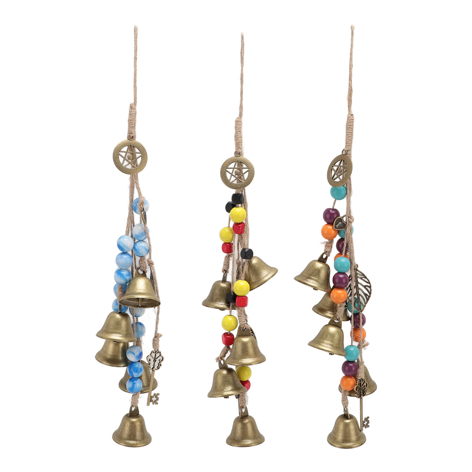 Hanging Bell Decor Blessing Metal Bells Wood Beads Hemp Rope Pendant Decoration