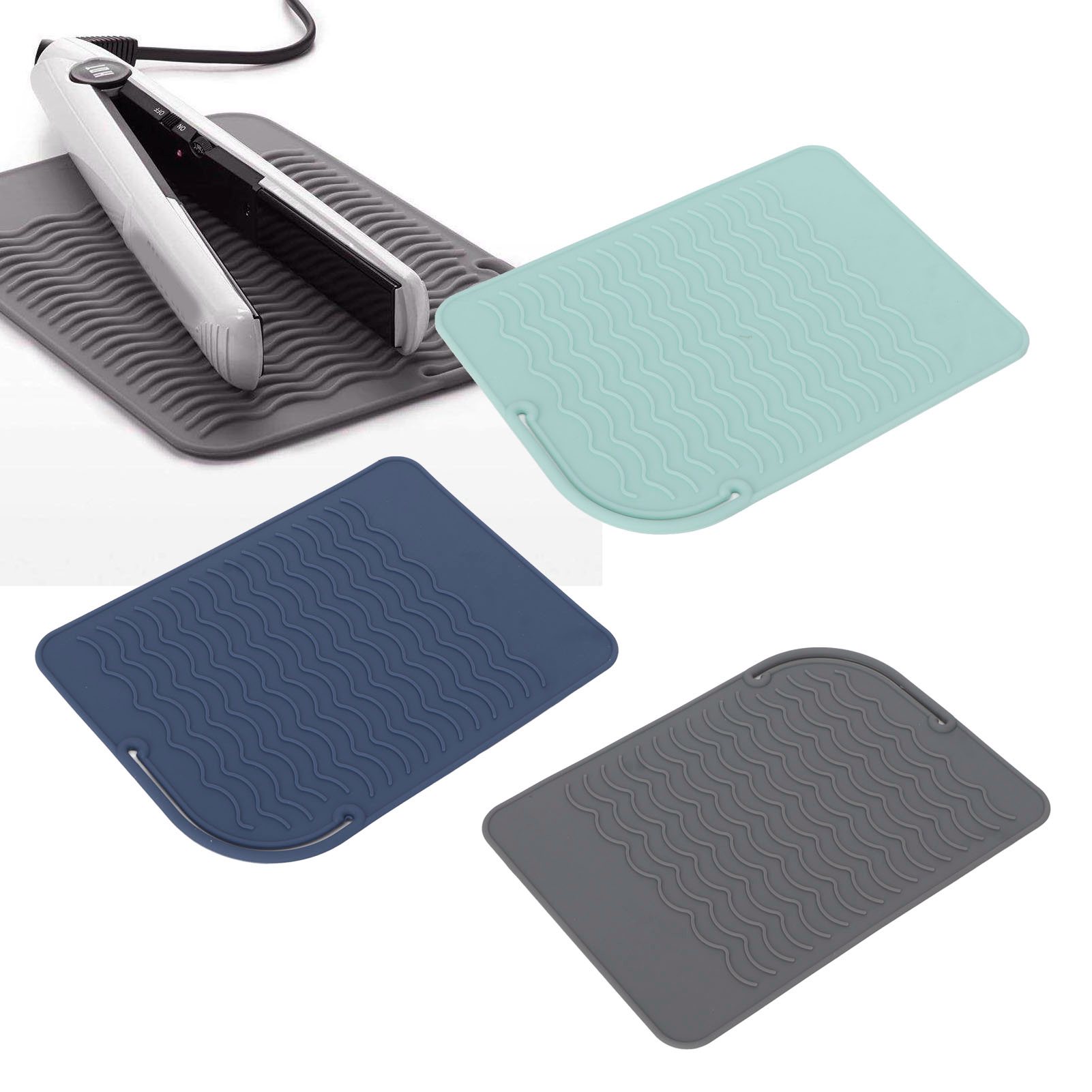 Heat Insulation Silicone Mat, Portable Heat Resistant Silicone Mat  Corrugated Pattern Soft For Curling Stick Blue,Green,Grey 