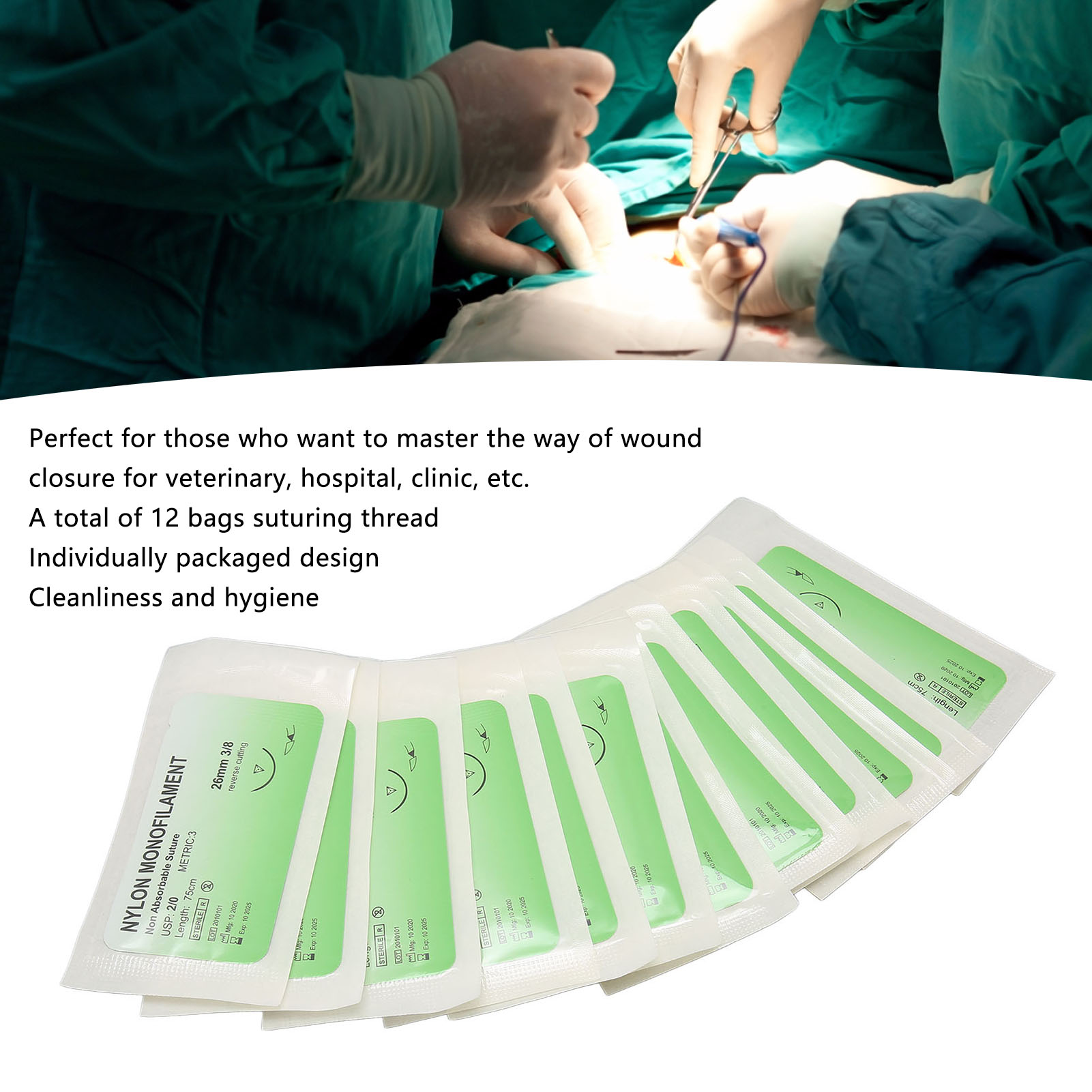 12pcs Suture Pratique Fil Emballage Individuel Nylon Fil De Suture Ensemble Avec - Imagen 20 de 21