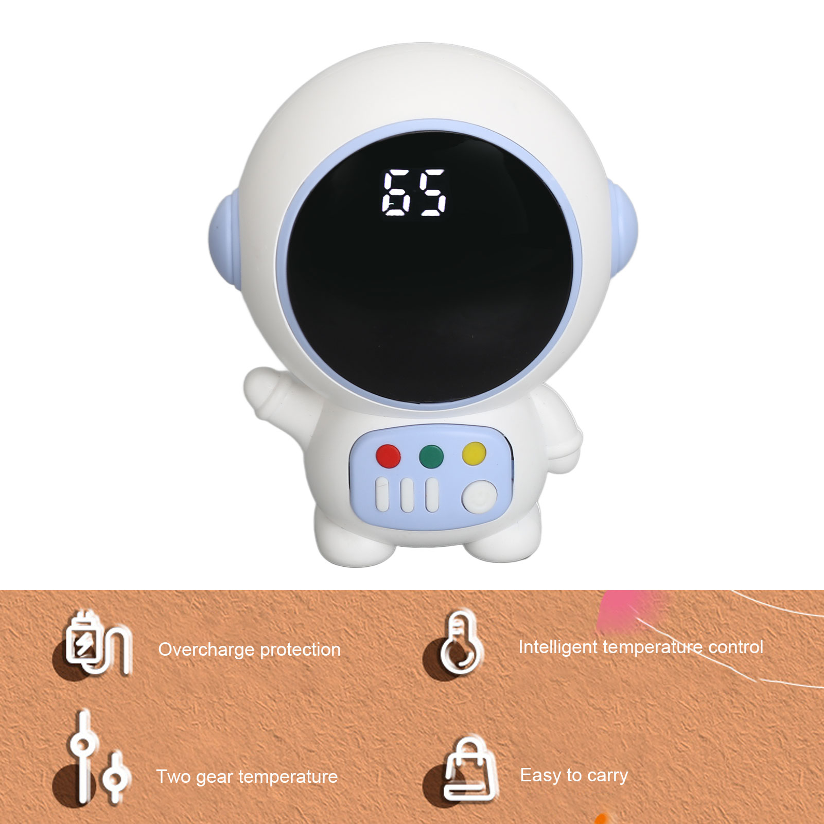 Astronaut Shaped Cute Hand Warmer Digital Display USB Rechargeable 2 Gear Te HR6