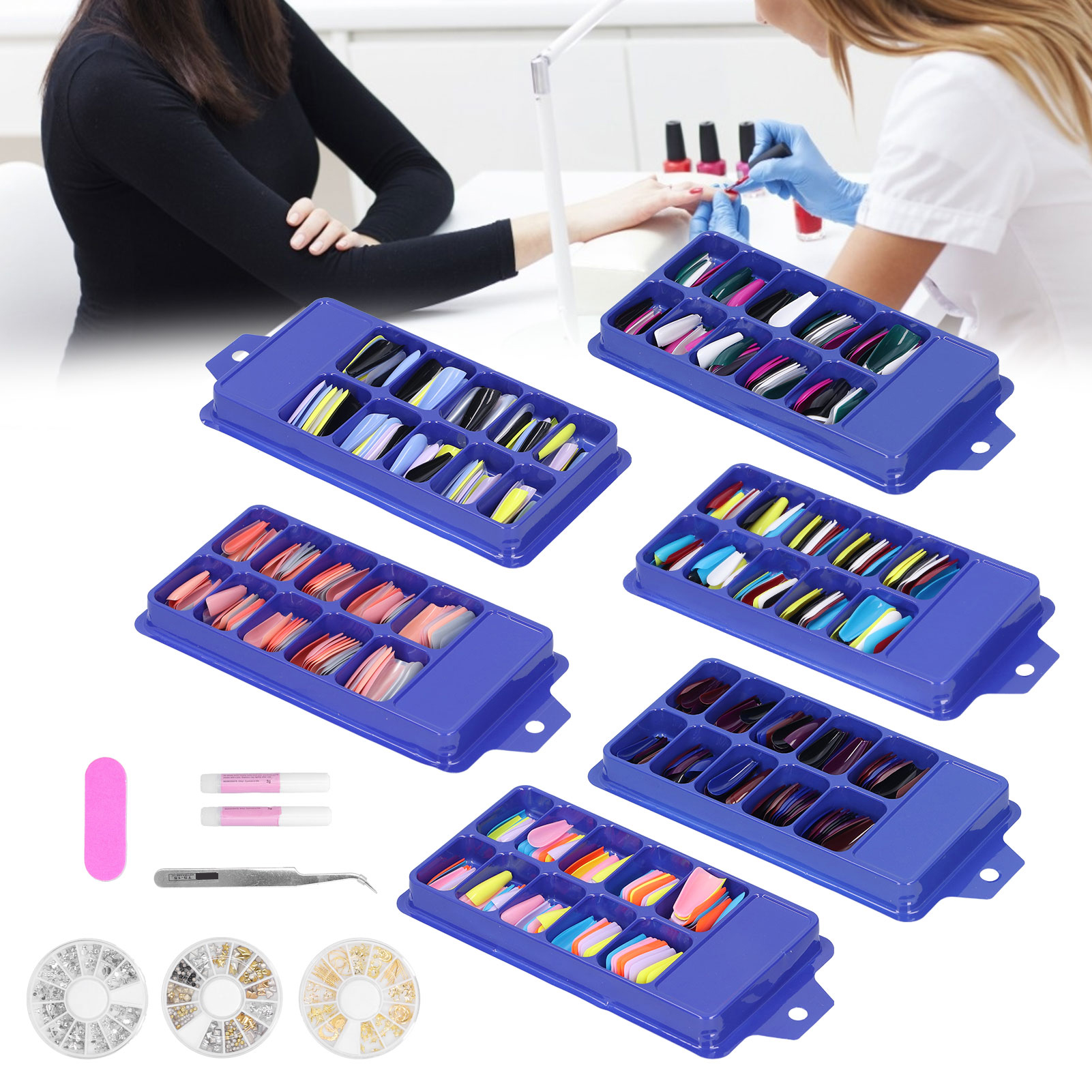 ABS Long Colored Fake Nails Artificial Full Cover Nail Manicure Tips Sticker CUT - Picture 29 of 34