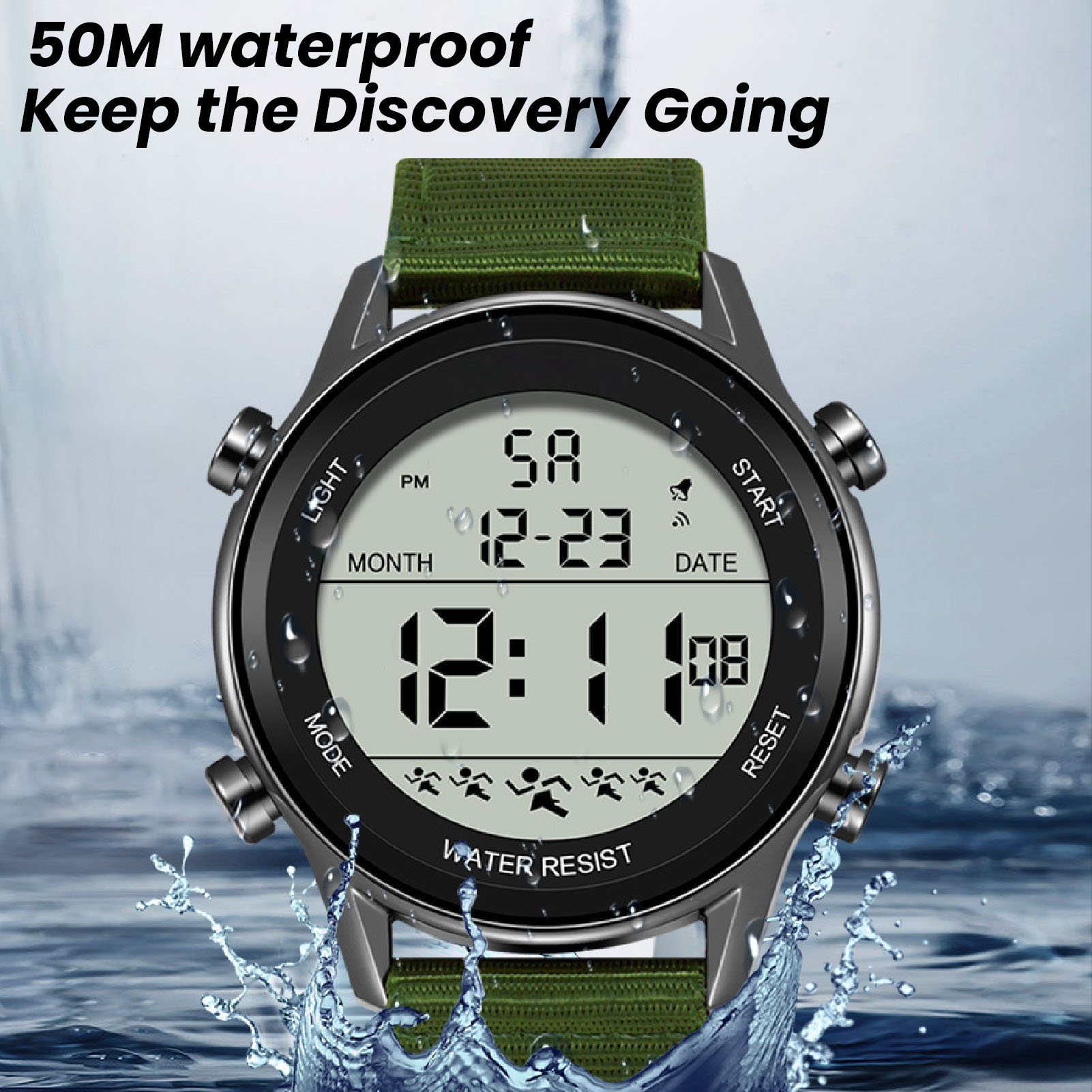 Digital Sports Watch Waterproof Alarm Countdown Dual Time Zone Nylon Strap - Picture 26 of 30