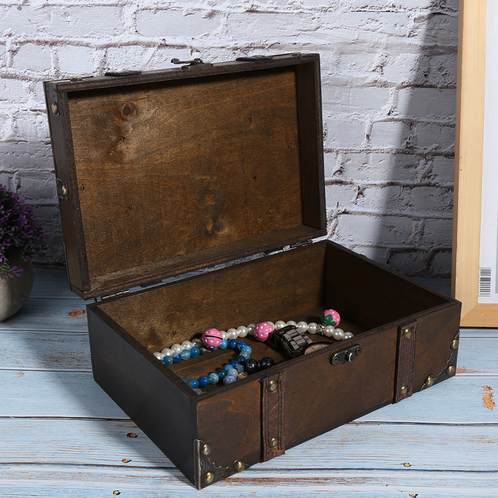Vintage Wooden Storage Box Decorative Treasure Jewelry Chest With Lock Home L2S - Picture 21 of 25