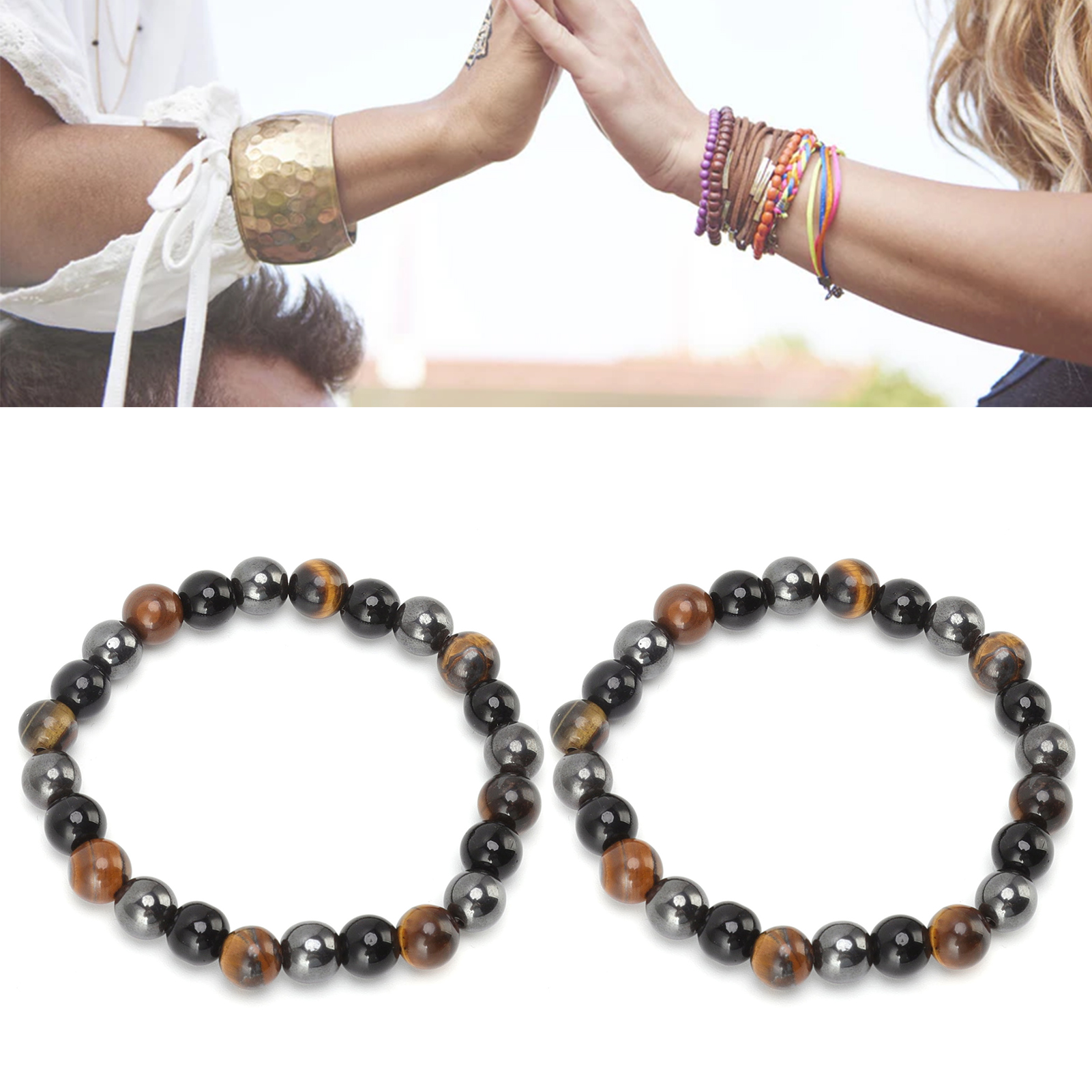 2 Pcs Black Natural Stone Bracelet High Elasticity Triple Protection Tiger E HR6