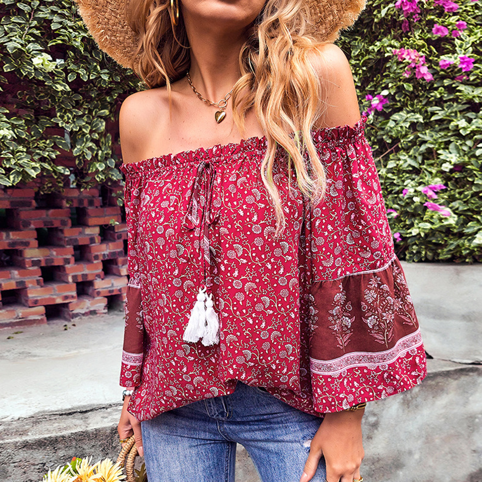 Women Off Shoulder Top Ethnic Style Floral Print Casual Blouse Shirts For  Da SPG