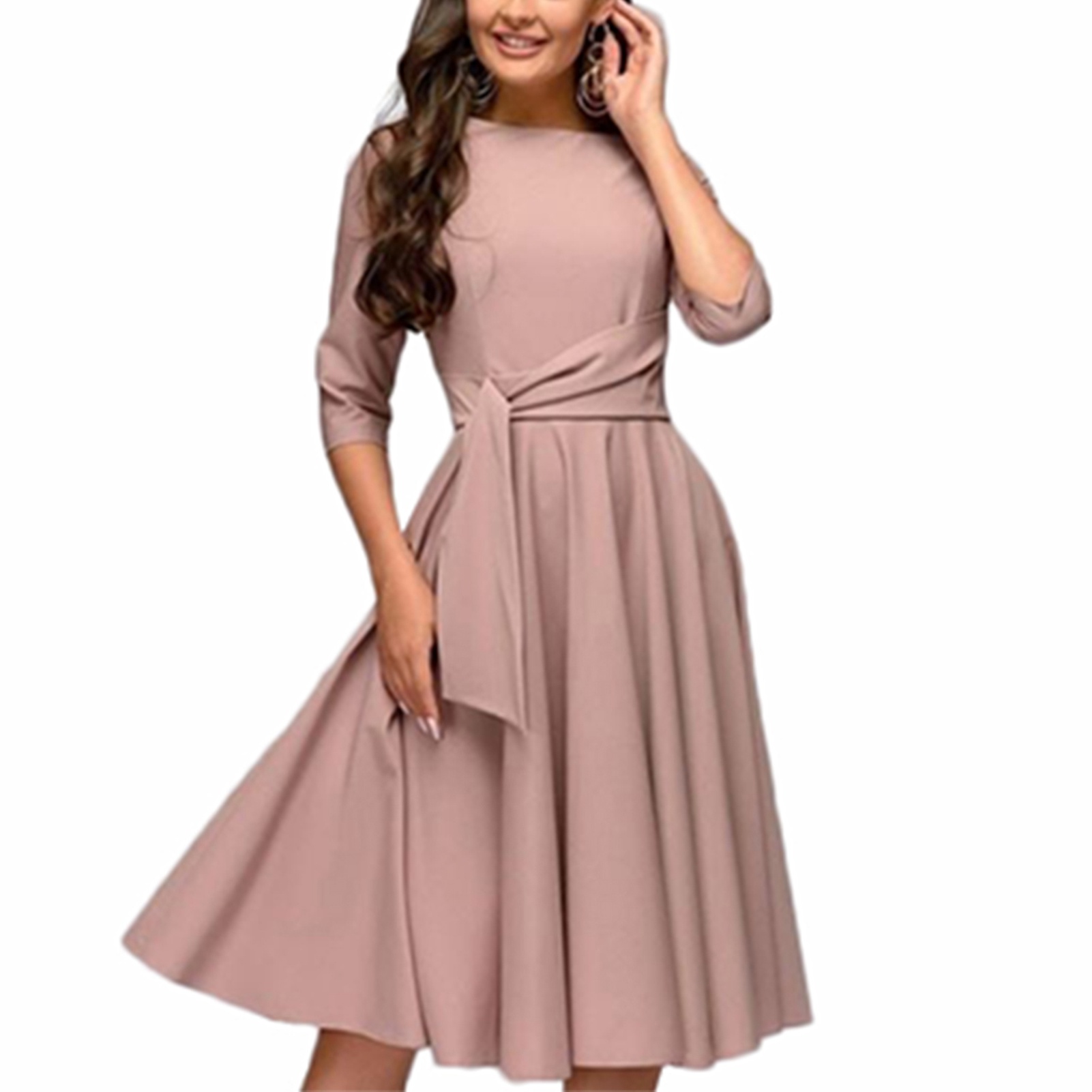 Dress Round Neck Half Sleeve Tie Waist Flowy Swing Antique Elegant Dress  For SPG