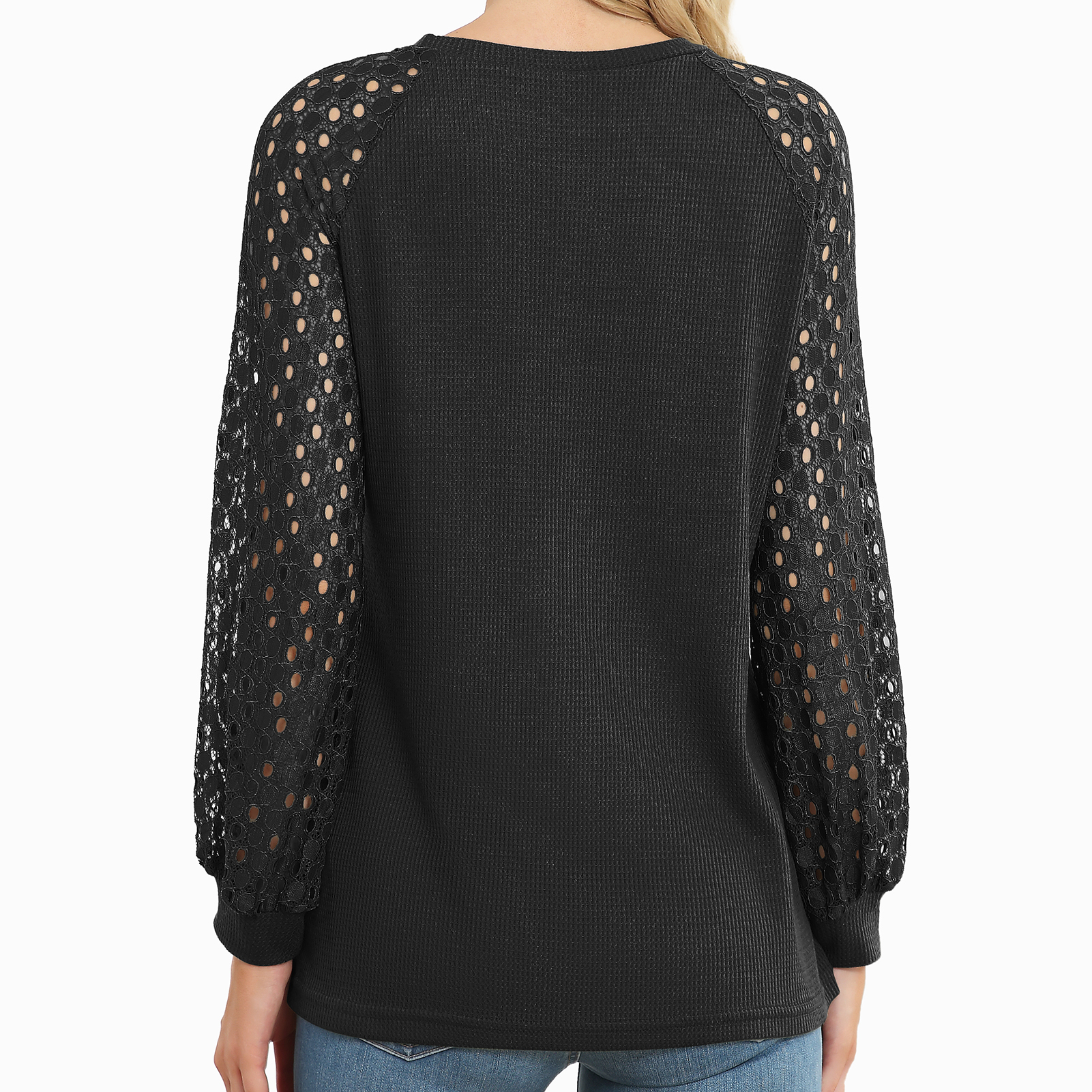 Hollow Lace Splicing Long Sleeve Shirt Women Fashionable Loose Casual Pure C GDM - Picture 18 of 27