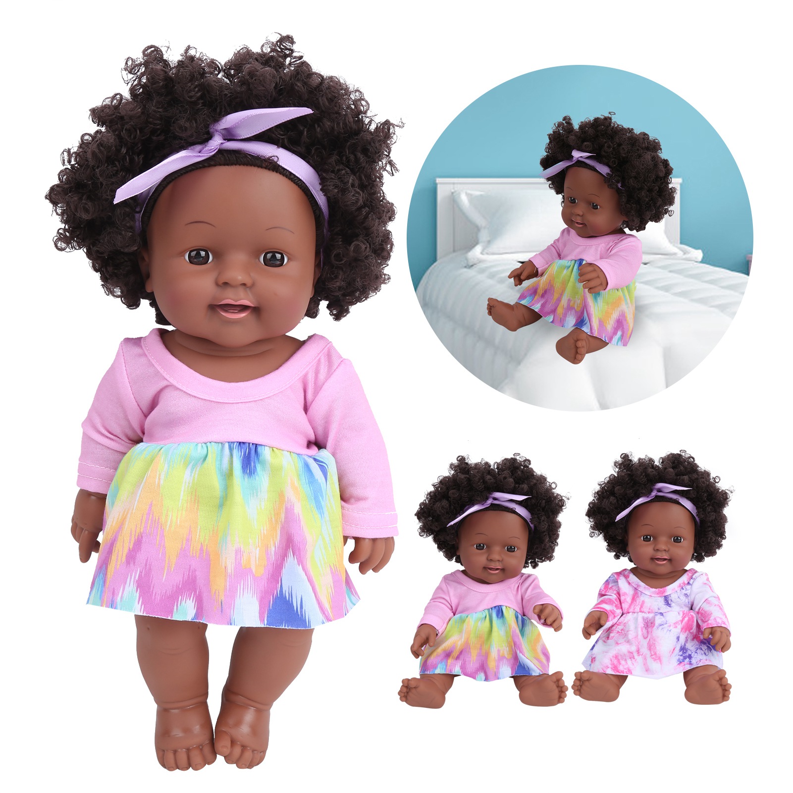 30CM Baby Doll Lovely Cute Curly Hair Simulation African Black Baby Doll  Toy Gif