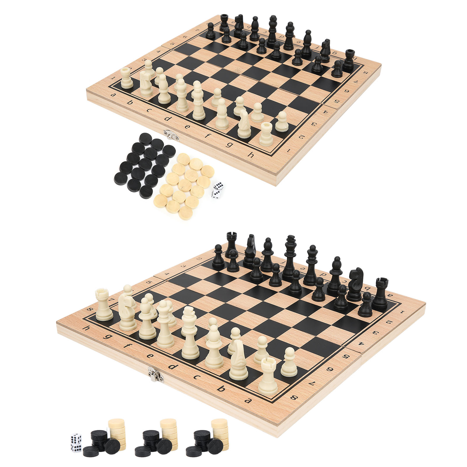01) 3‑In‑1 Wooden Chess Checkers Backgammon Folding Portable Chess Board Toy - Picture 14 of 18