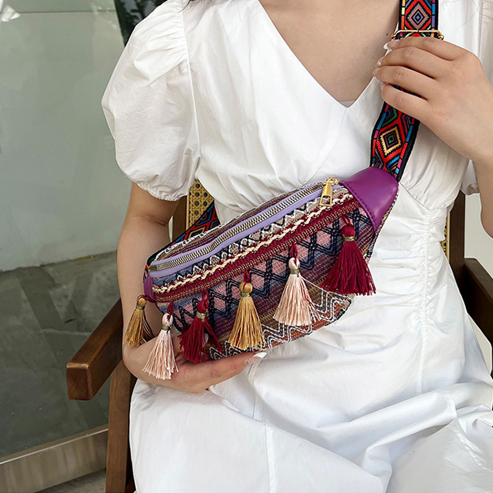 Waist Bag Polyester Folk Style Tassel Trim Large Capacity Simple Stylish Che Kit