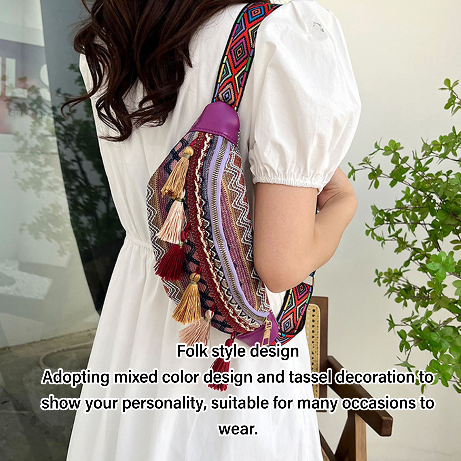 Waist Bag Polyester Folk Style Tassel Trim Large Capacity Simple Stylish Che Kit