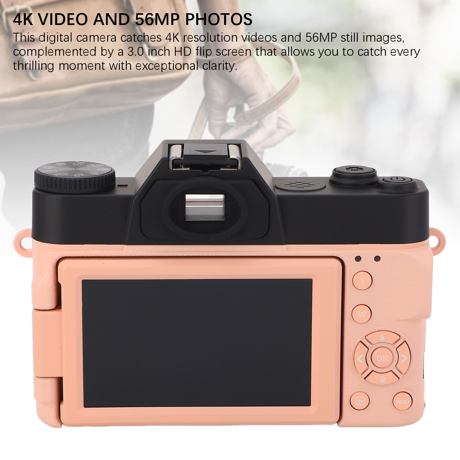 4K Digital Camera 56MP 16X Zoom Anti Shake Autofocus 180 Deg Flip