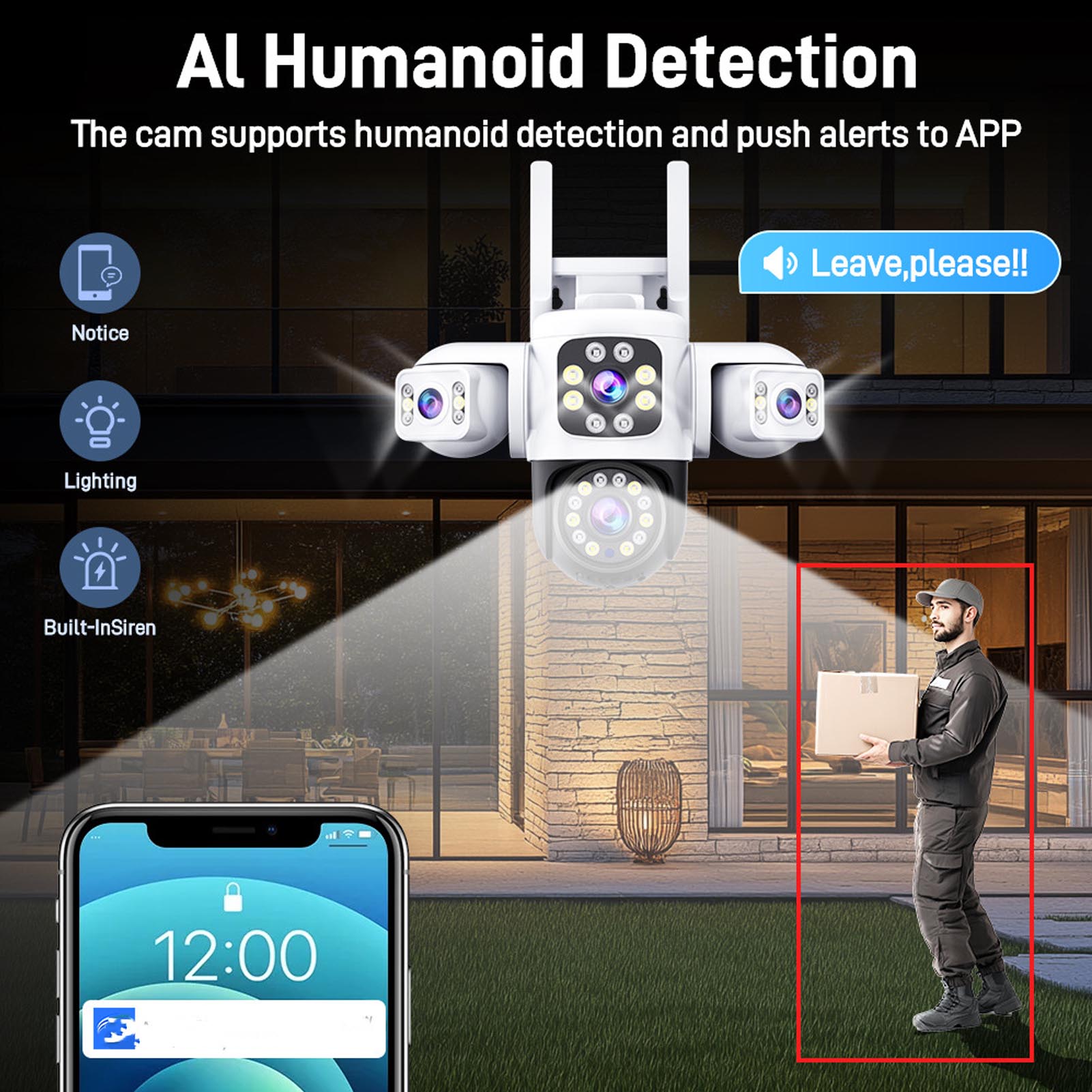 Outdoor Security Camera WiFi Wireless Three Lens Motion Detection IP66 Rain
