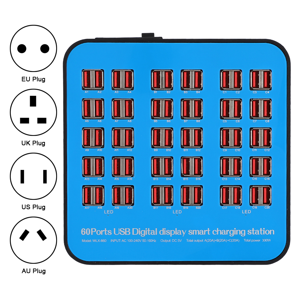 USB Charging Station 60 Ports PC ABS Fire Retardant Shell 300W 100-240V NDE - Zdjęcie 15 z 21