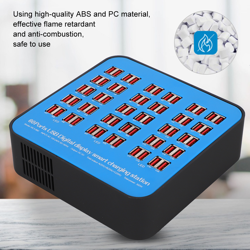 USB Charging Station 60 Ports PC ABS Fire Retardant Shell 300W 100-240V NDE - Zdjęcie 20 z 21