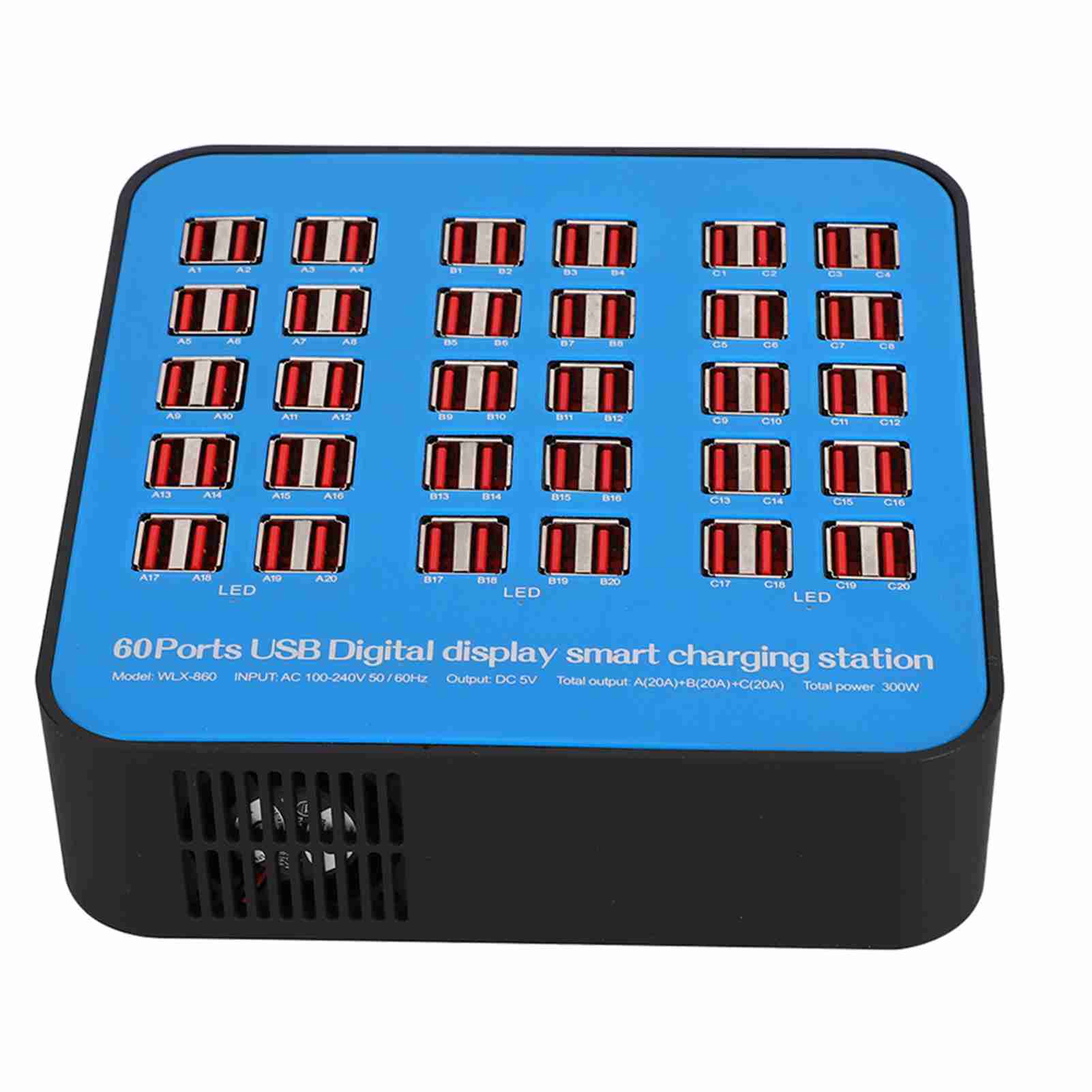 Intelligent USB Charging Station 60 Ports PC ABS Fire Retardant Shell 300W