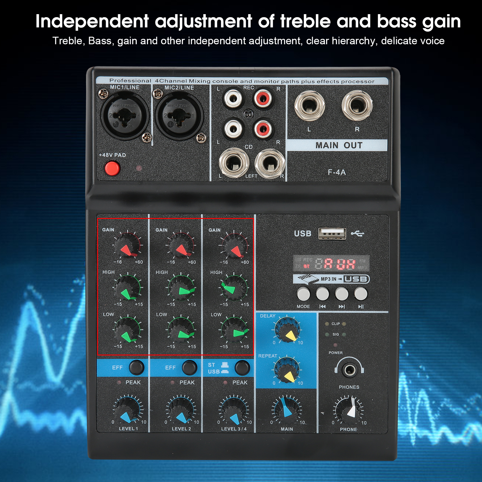 4 Channel Mixer USB Stereo Mixing Console With Sound Card For Home Com NEW - Afbeelding 10 van 14