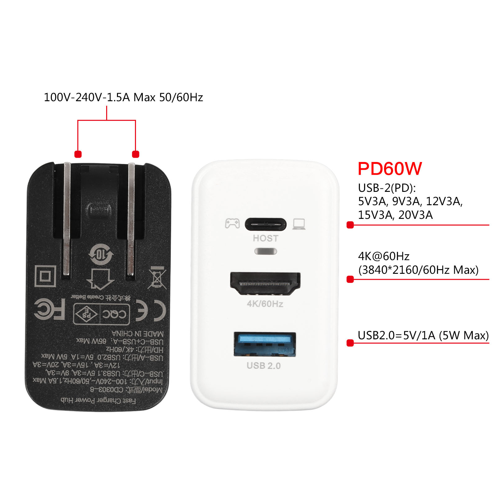 Portable Dock Charger Adapter 3 In 1 Fast Charging HD Multimedia Interface P NEW - Afbeelding 13 van 18