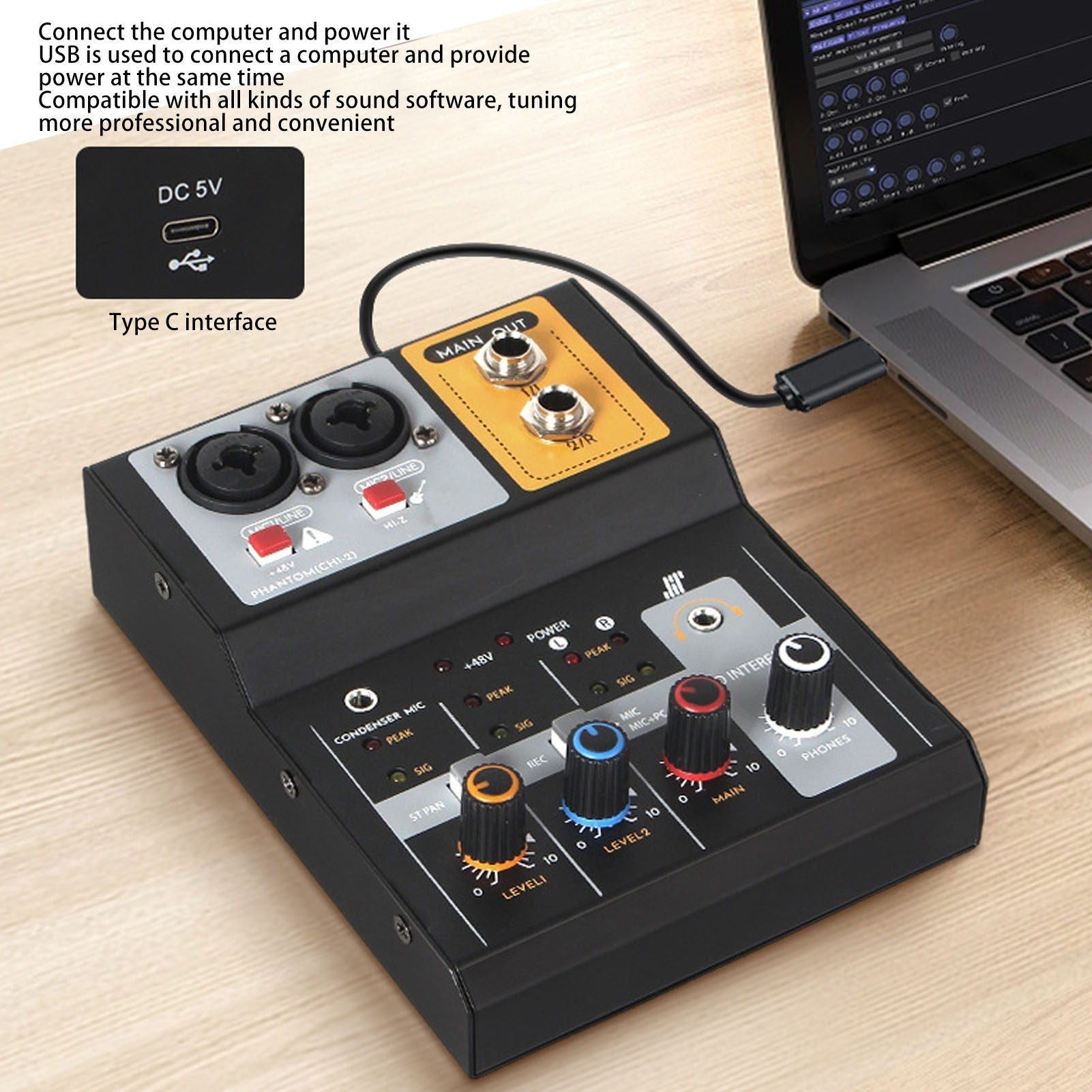 Recording Mixer 2 Channel Low Noise 48V Phantom Power USB External Sound Car NEW - Afbeelding 21 van 21