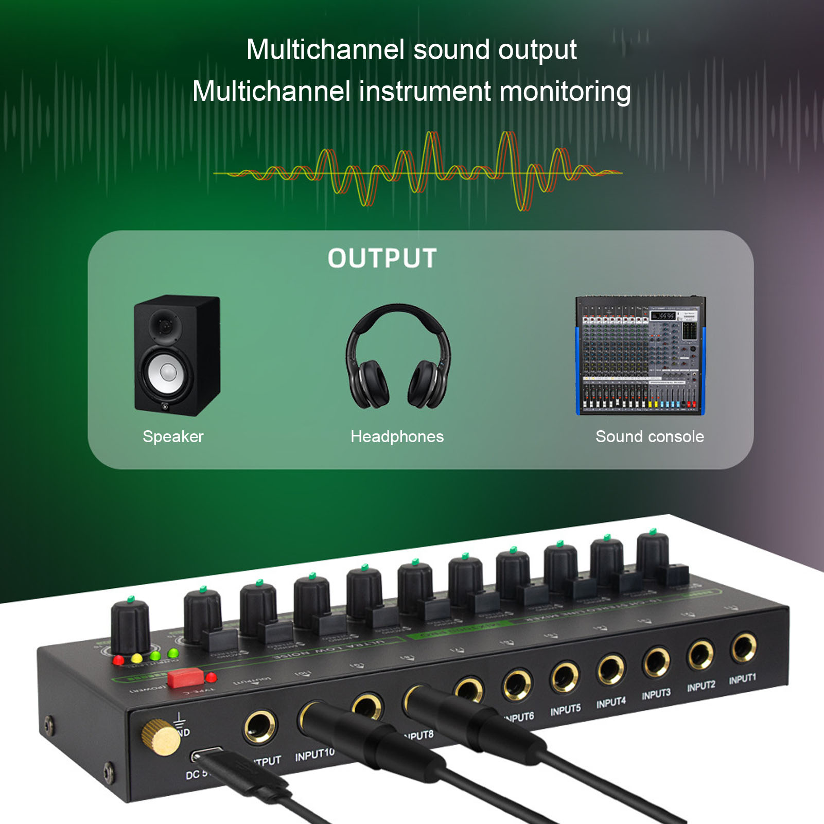 MIX1000 10 Channel Stereo Mixer With RGB Light Low Noise Stereo Mono Switchi NEW - Afbeelding 13 van 18