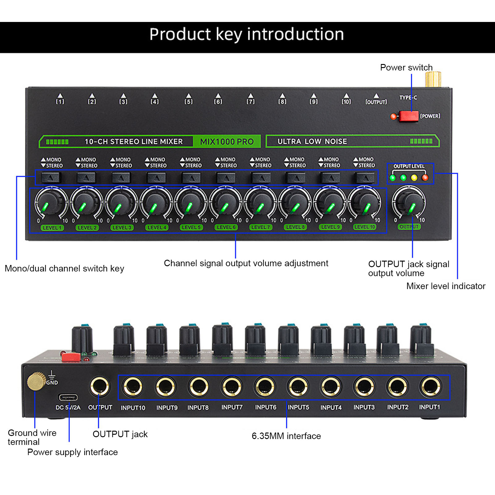 MIX1000 10 Channel Stereo Mixer With RGB Light Low Noise Stereo Mono Switchi NEW - Afbeelding 15 van 18