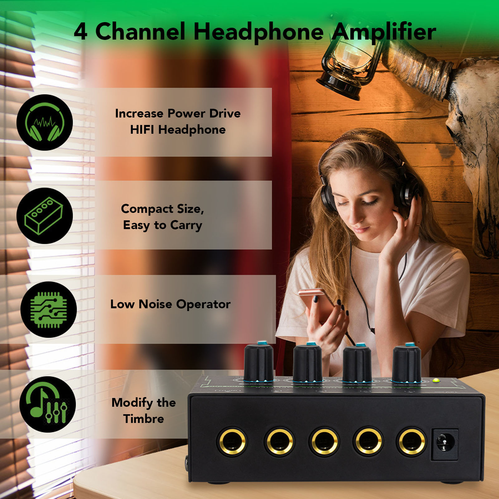 4 Channel Headphone Amplifier Low Noise Stereo Headphone Splitter Mixing Con Kit